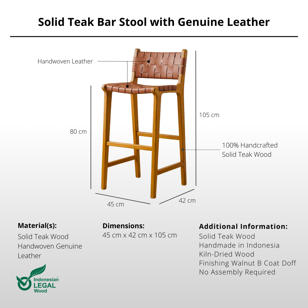 Solid Teak Bar Stool with Genuine Leather
