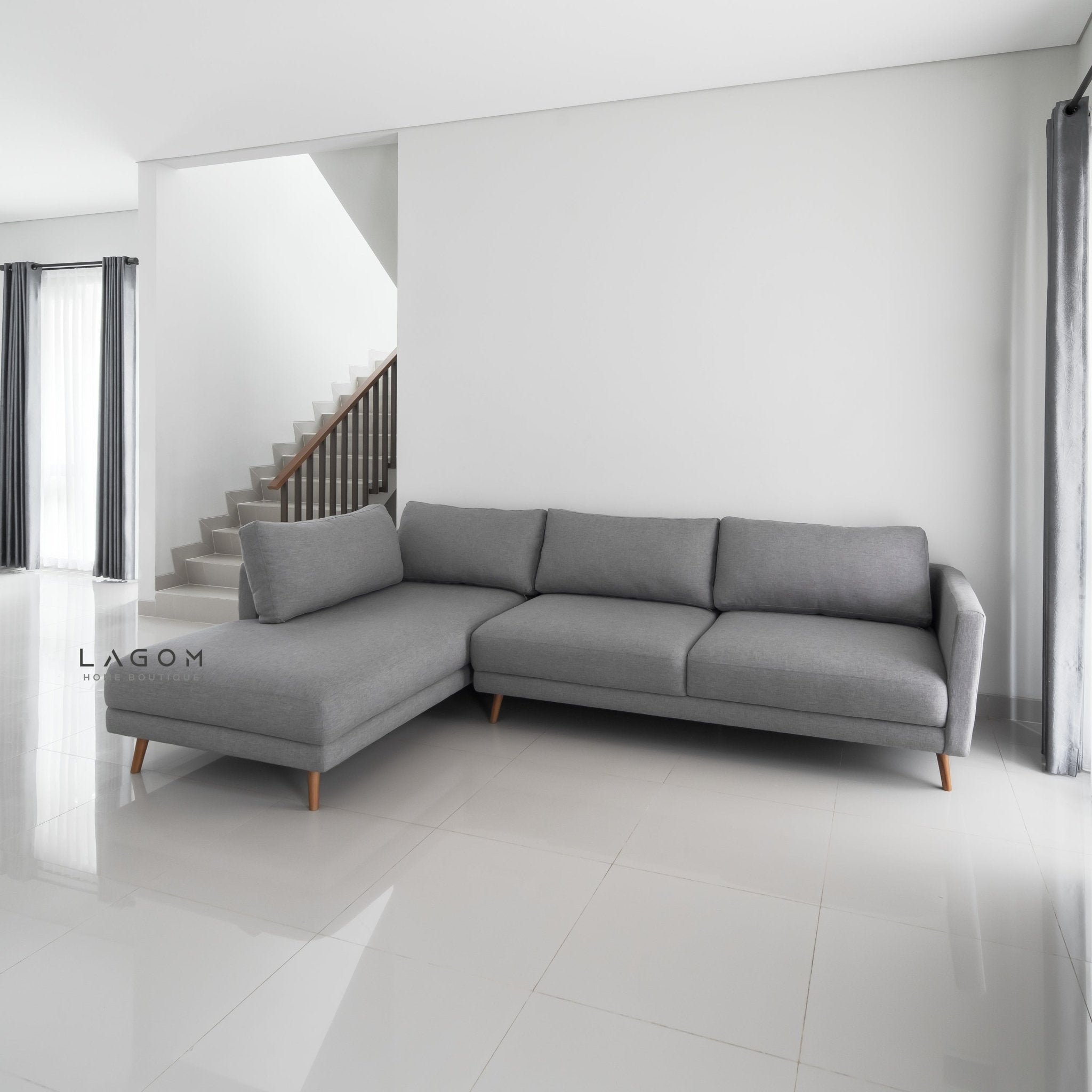 L - Shaped Sofa with Premium Polyester Fabric & Teak Wood Frame - Sofa - Lagom Home Boutique