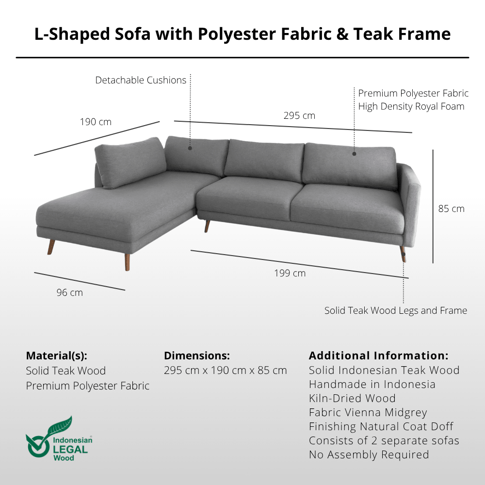 L-Shaped Sofa with Premium Polyester Fabric & Teak Wood Frame-Sofa-Lagom Home Boutique