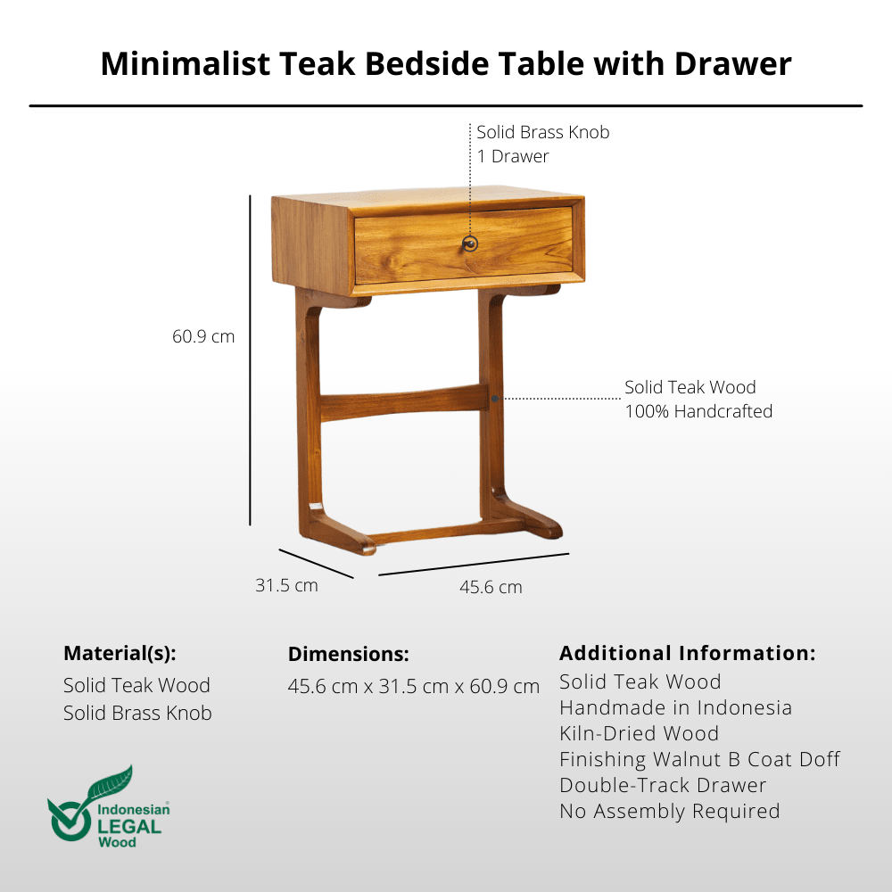 Minimalist Teak Bedside Table with Drawer - Side Table - Lagom Home Boutique