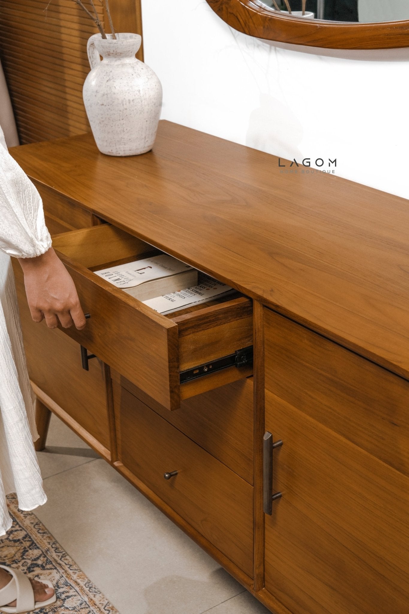 Minimalist Teak Buffet with 2 Doors & 3 Drawers - Buffet - Lagom Home Boutique