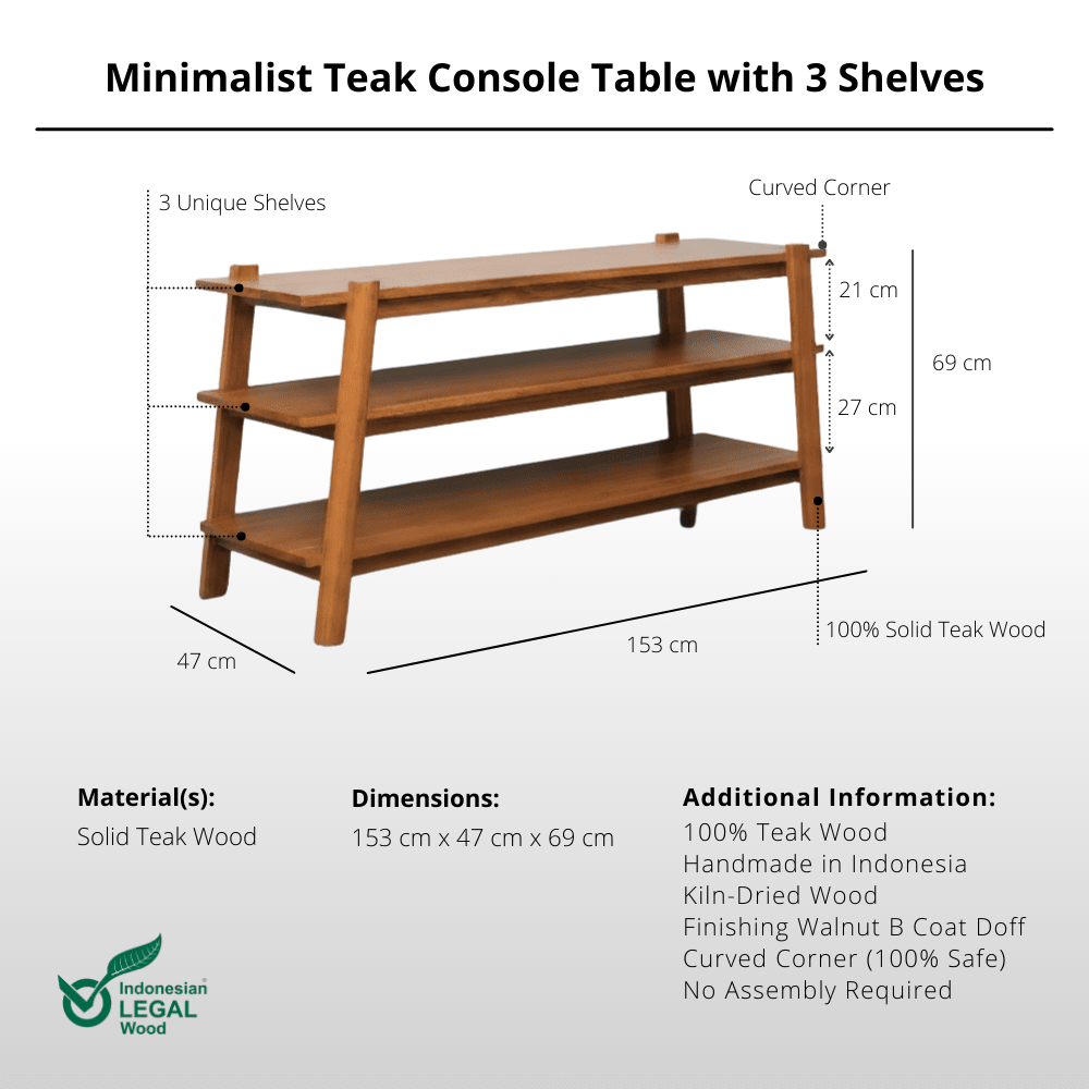Minimalist Teak Console Table with 3 Shelves - Console Table - Lagom Home Boutique