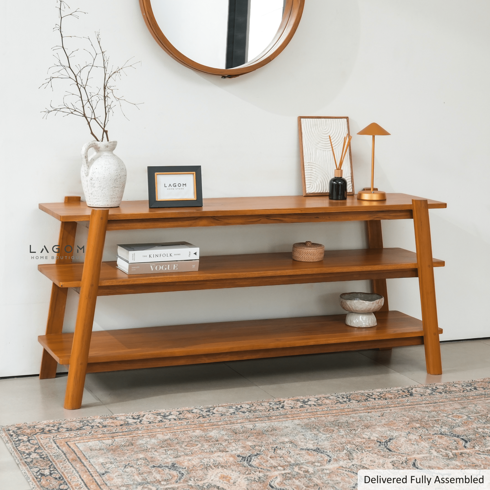 Minimalist Teak Console Table with 3 Shelves - Console Table - Lagom Home Boutique