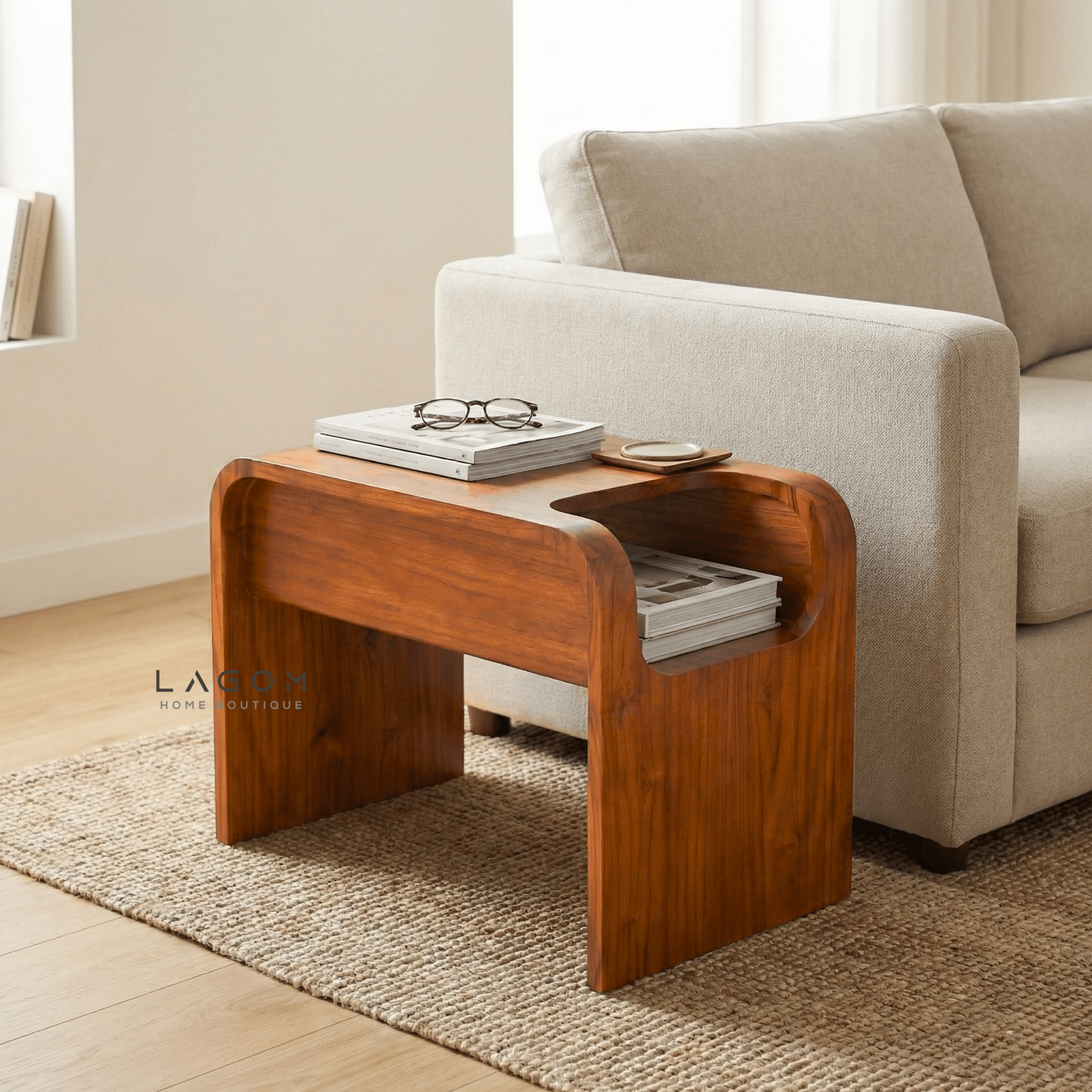 Minimalist Teak Side Table with Open Storage - Side Table - Lagom Home Boutique