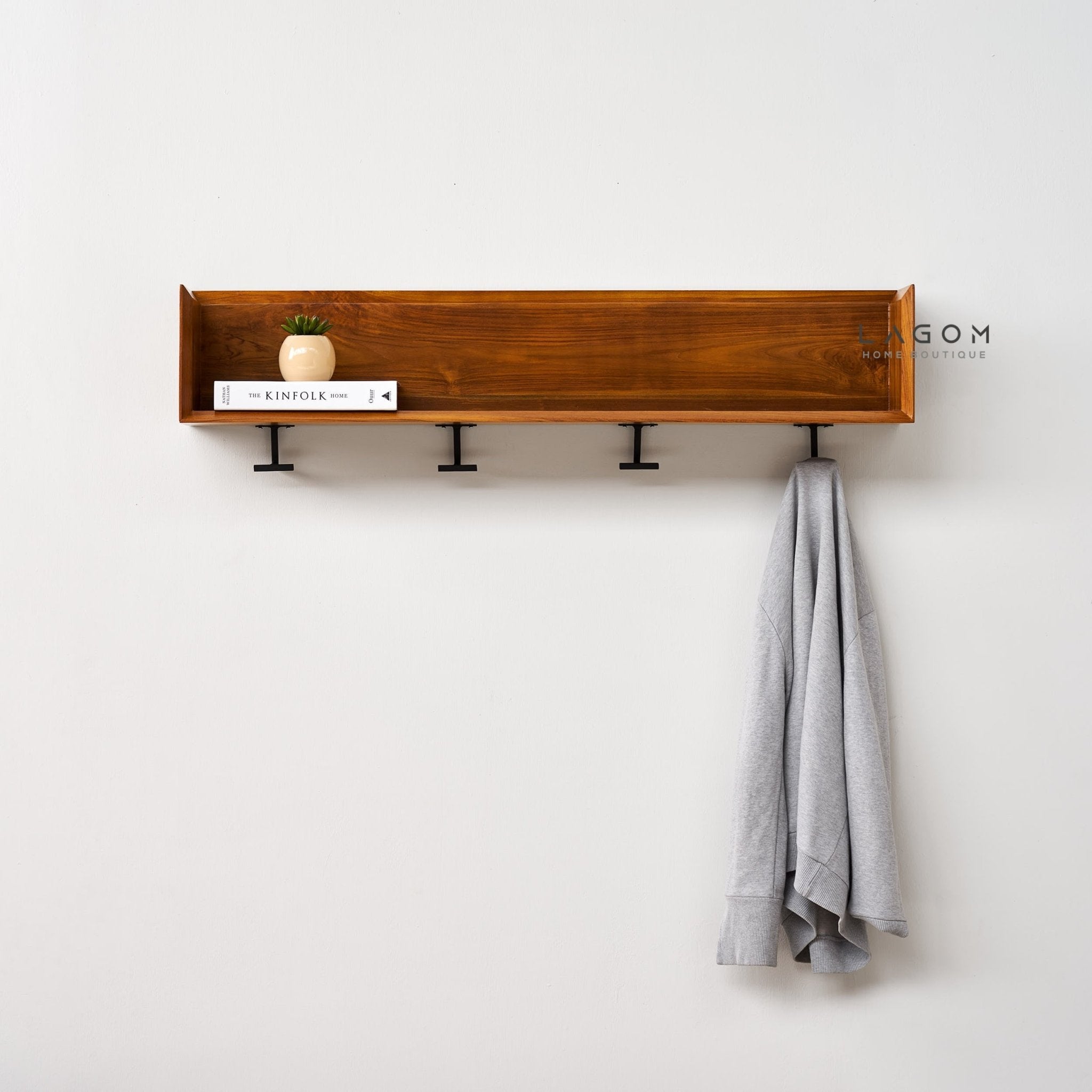 Minimalist Teak Wall Hanger with Display Shelf - Wall Coat Hanger - Lagom Home Boutique