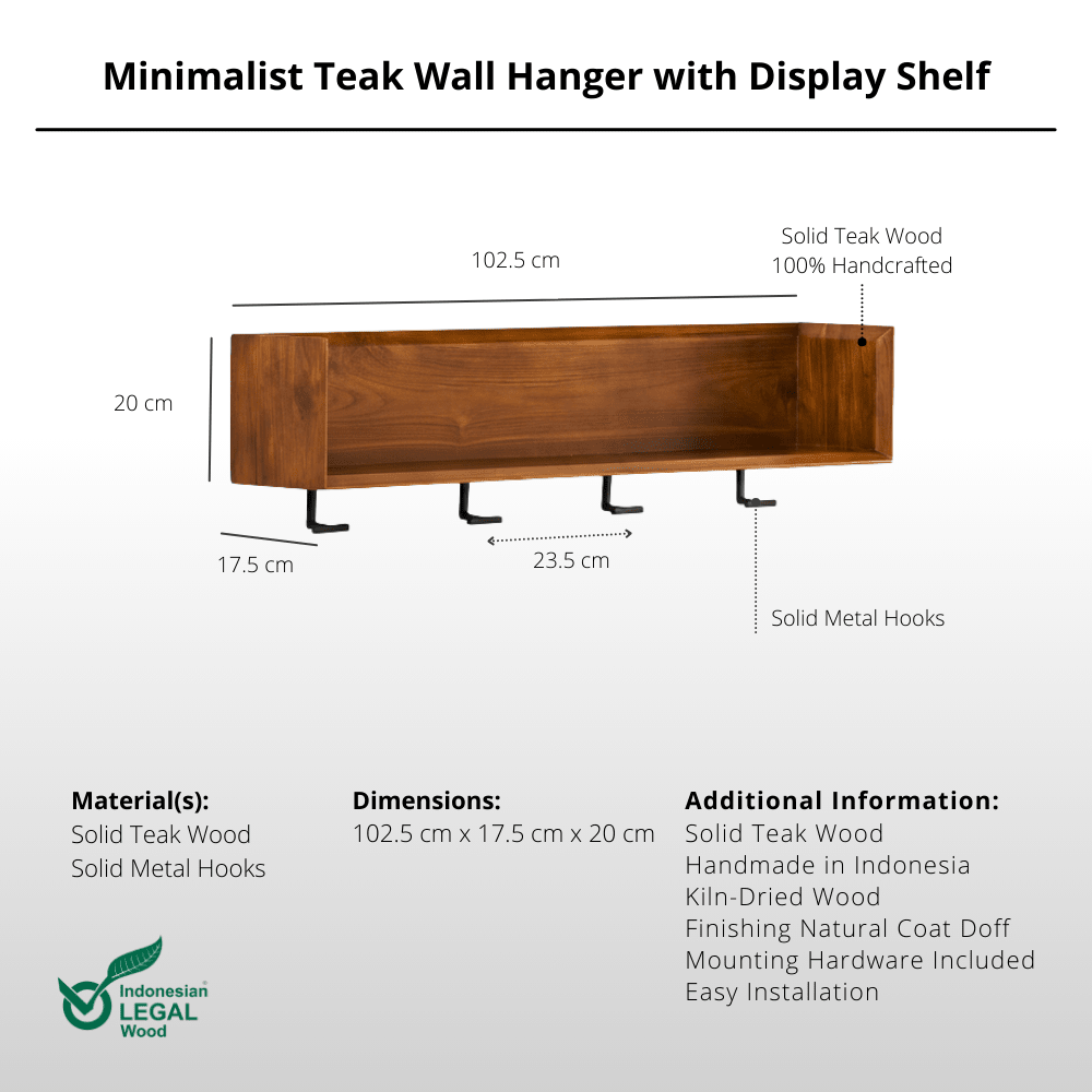 Minimalist Teak Wall Hanger with Display Shelf - Wall Coat Hanger - Lagom Home Boutique