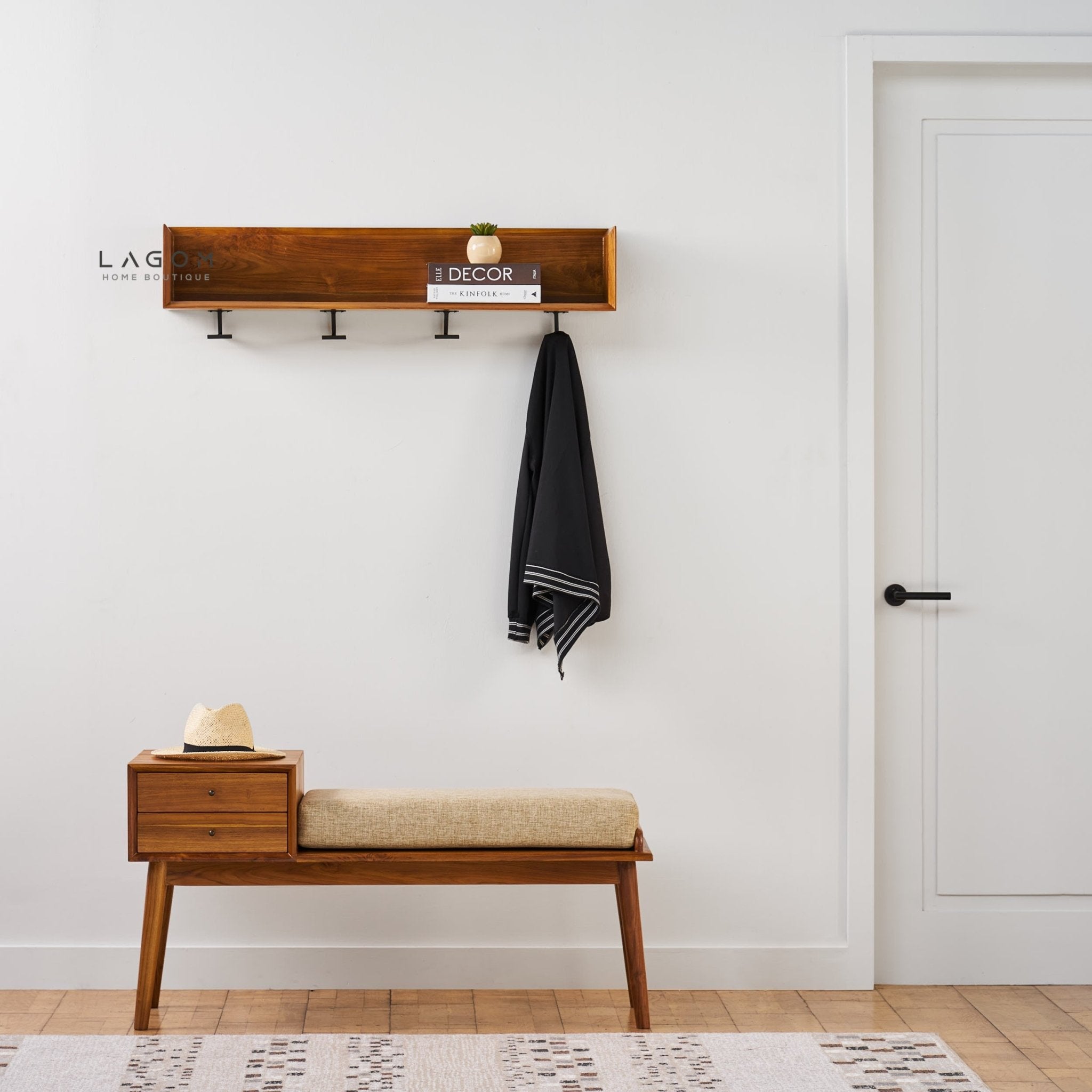 Minimalist Teak Wall Hanger with Display Shelf - Wall Coat Hanger - Lagom Home Boutique