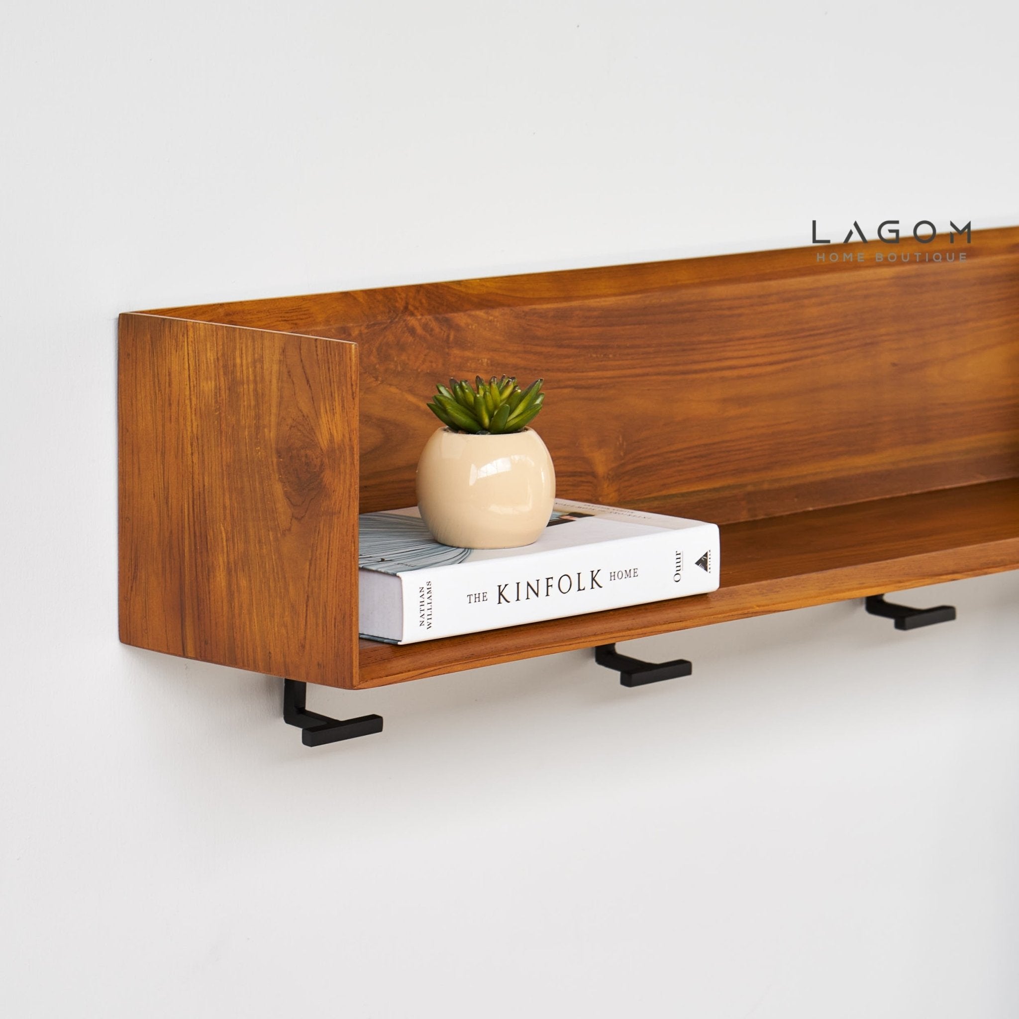 Minimalist Teak Wall Hanger with Display Shelf - Wall Coat Hanger - Lagom Home Boutique