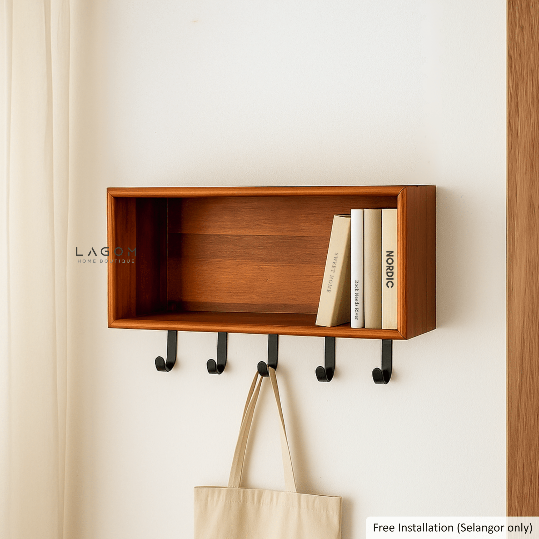 Minimalist Teak Wall Hanger with Shelf - Wall Coat Hanger - Lagom Home Boutique