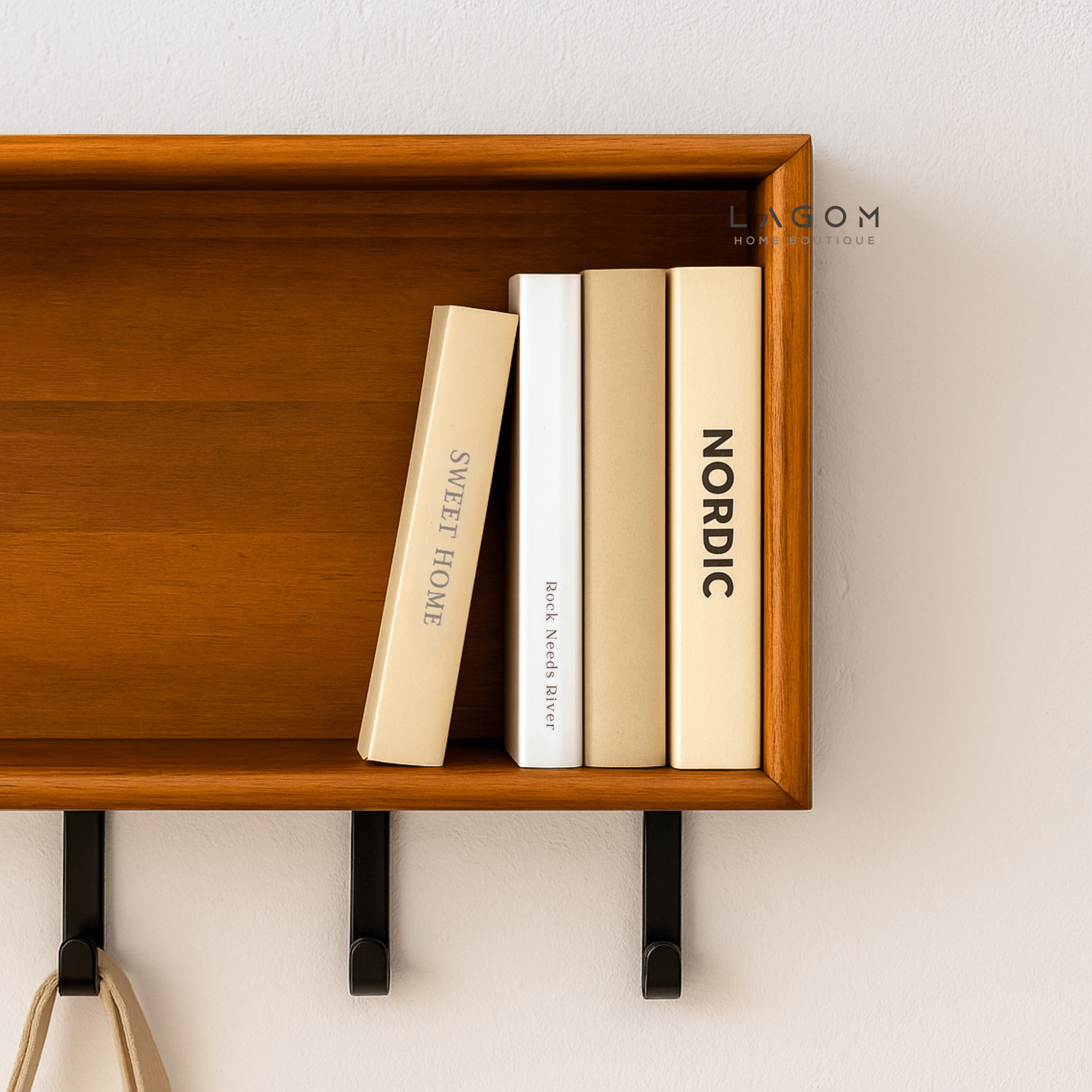 Minimalist Teak Wall Hanger with Shelf - Wall Coat Hanger - Lagom Home Boutique