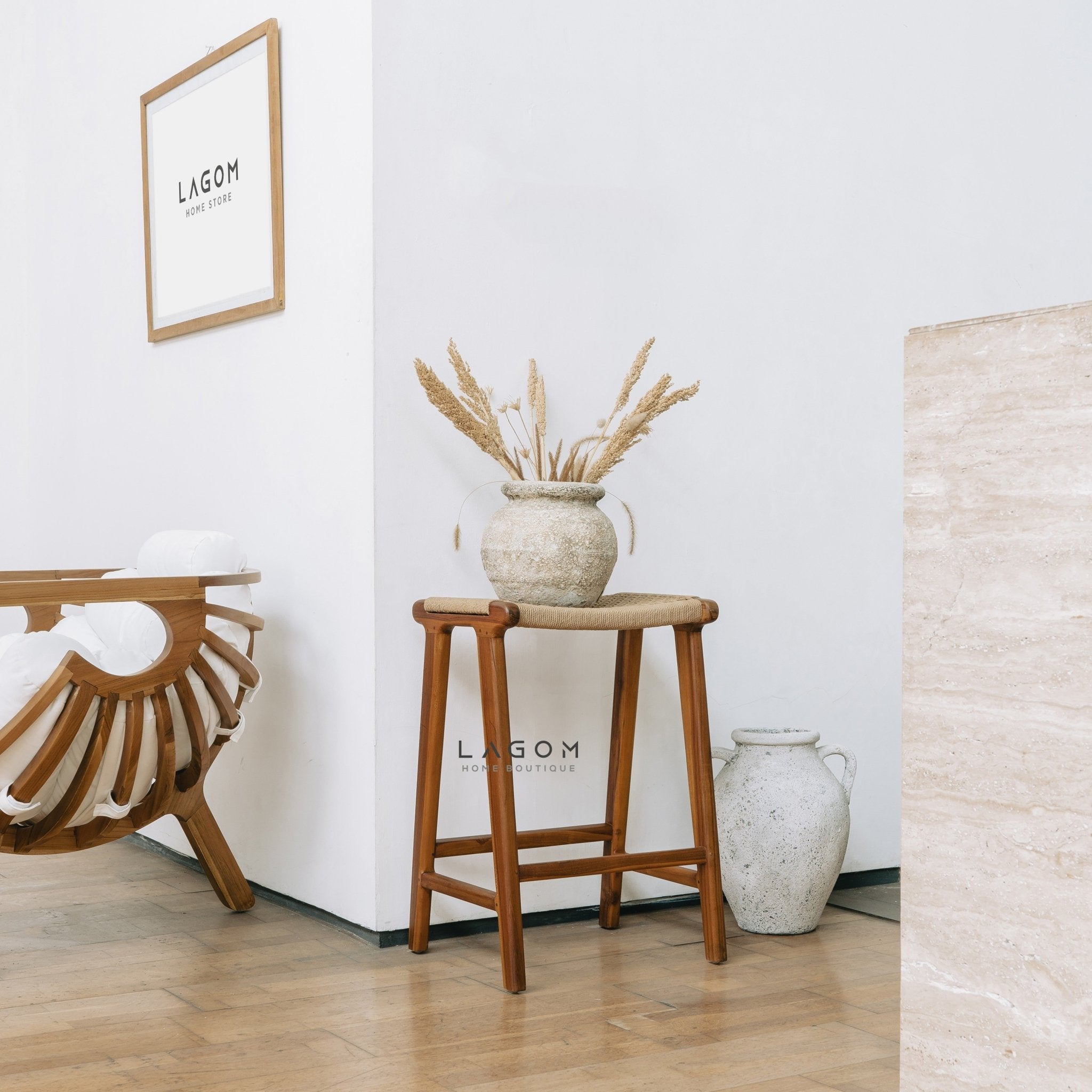 Premium Bar Stool in Teak Wood & Loom - Bar Stool - Lagom Home Boutique