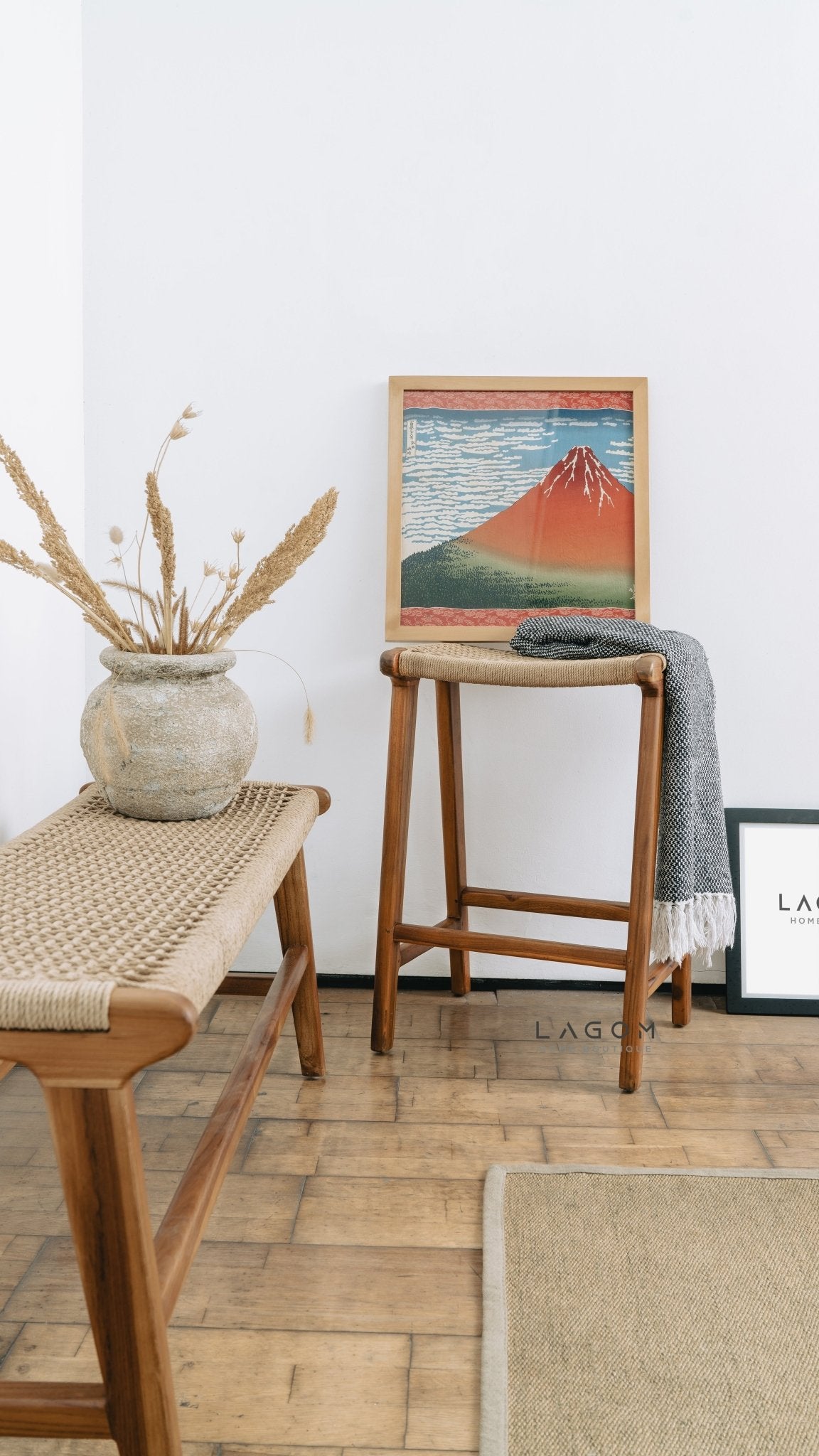 Premium Bar Stool in Teak Wood & Loom - Bar Stool - Lagom Home Boutique