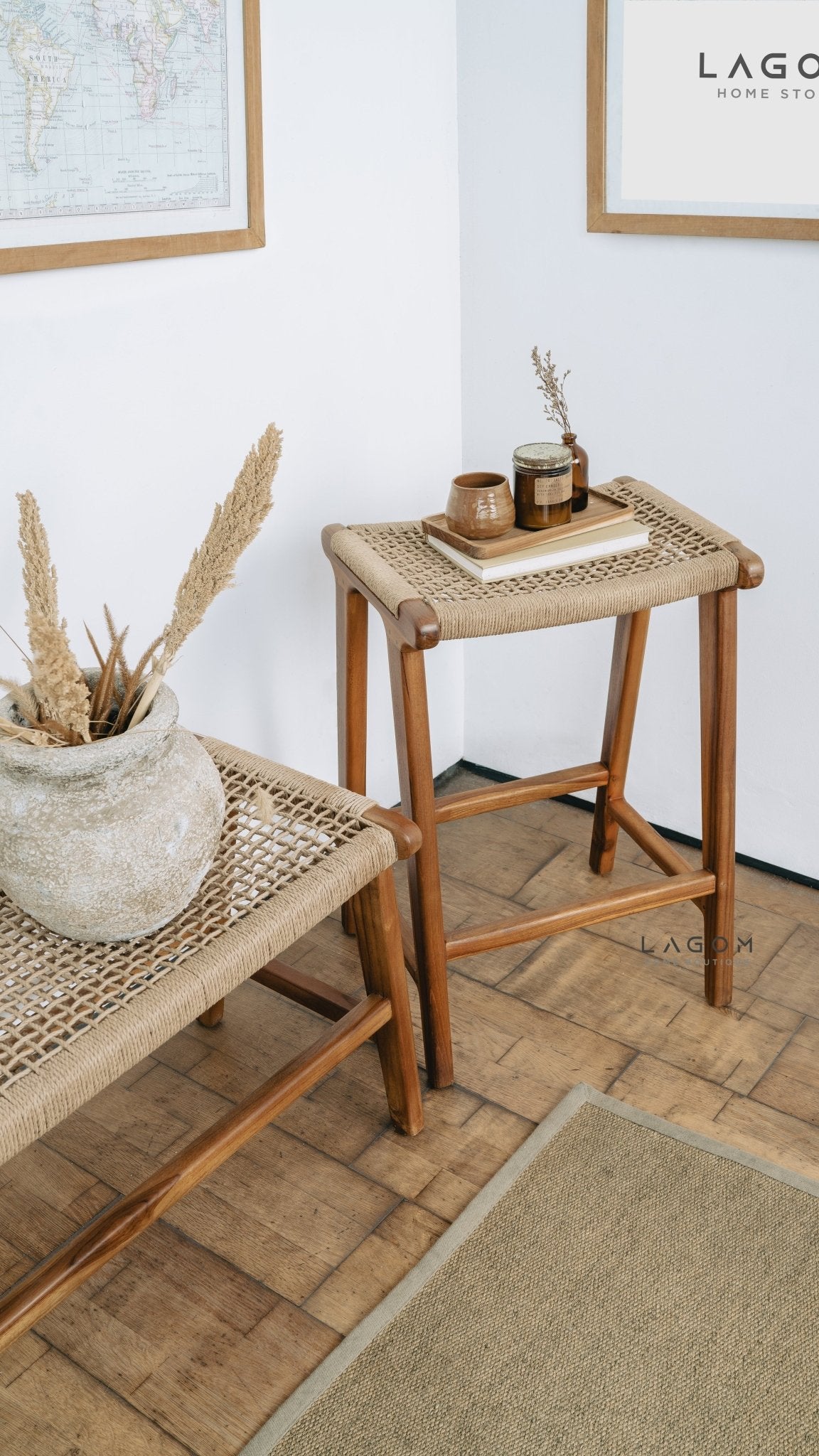Premium Bar Stool in Teak Wood & Loom - Bar Stool - Lagom Home Boutique