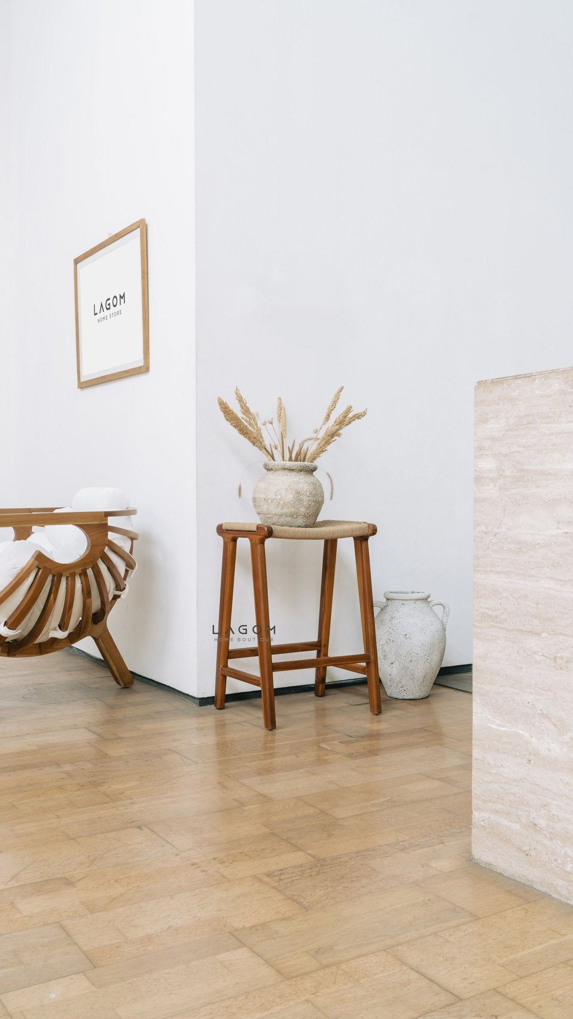 Premium Bar Stool in Teak Wood & Loom - Bar Stool - Lagom Home Boutique