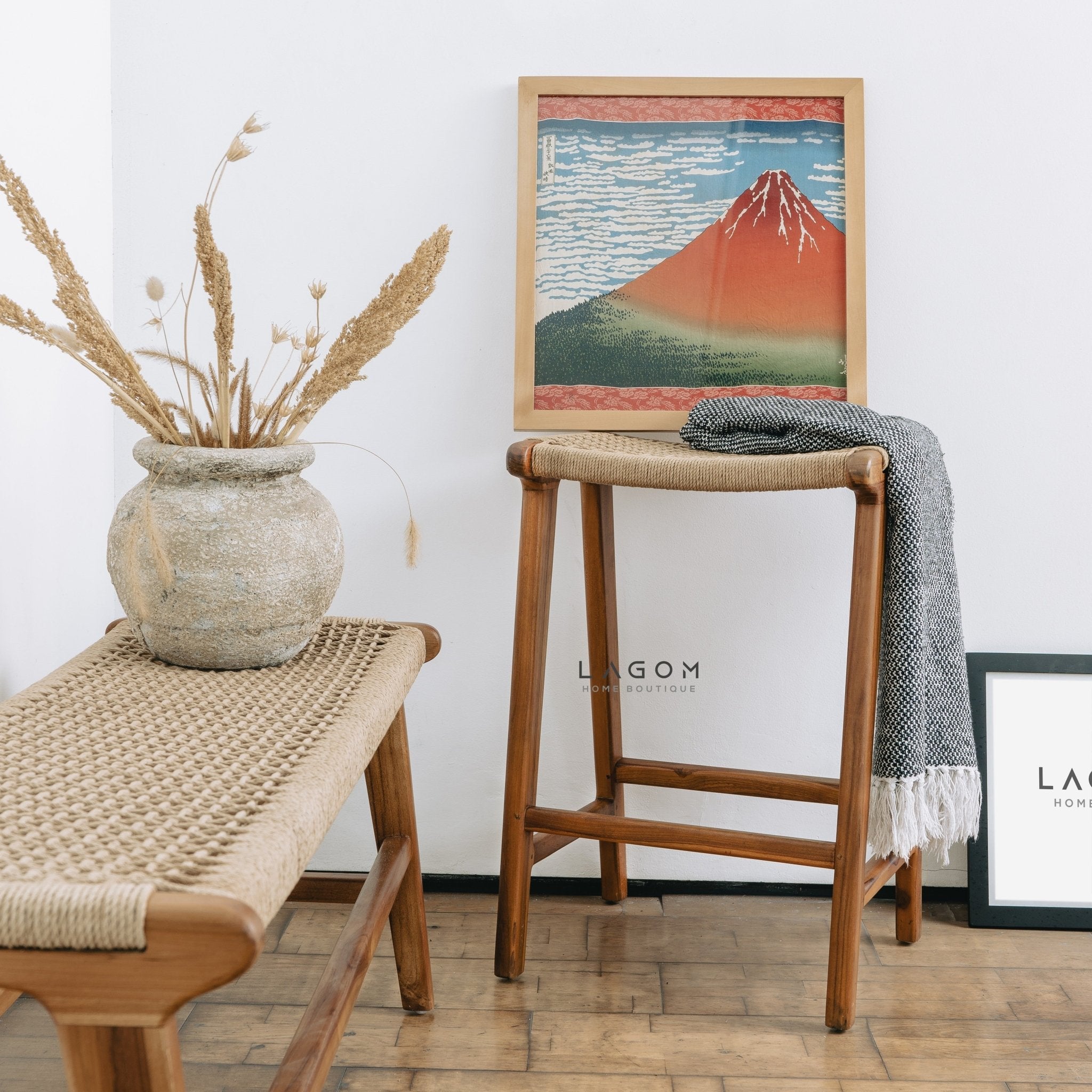 Premium Bar Stool in Teak Wood & Loom - Bar Stool - Lagom Home Boutique