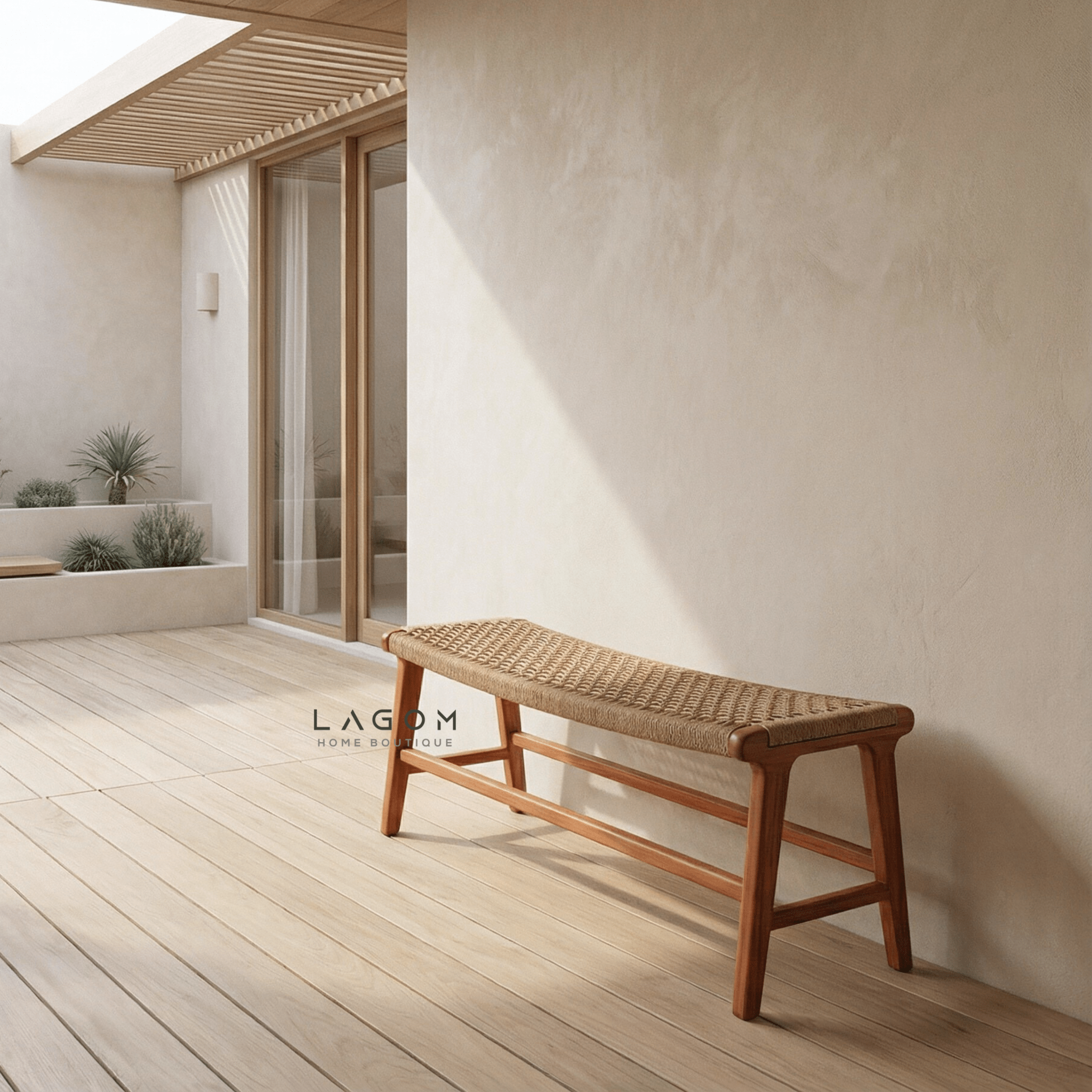 Premium Bench in Teak Wood & Loom - Bench - Lagom Home Boutique