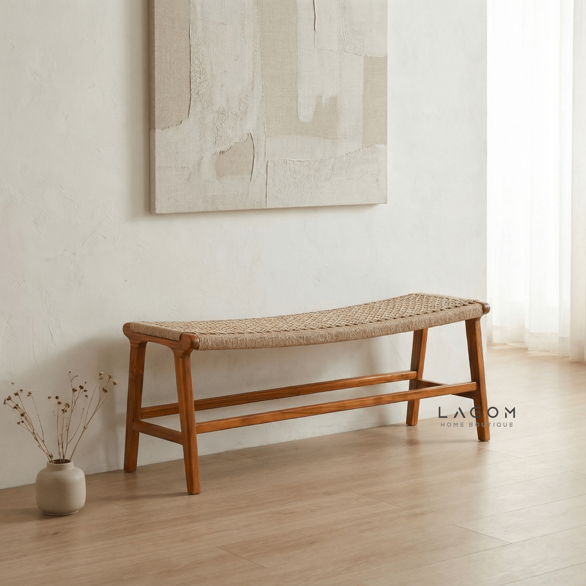 Premium Bench in Teak Wood & Loom - Bench - Lagom Home Boutique