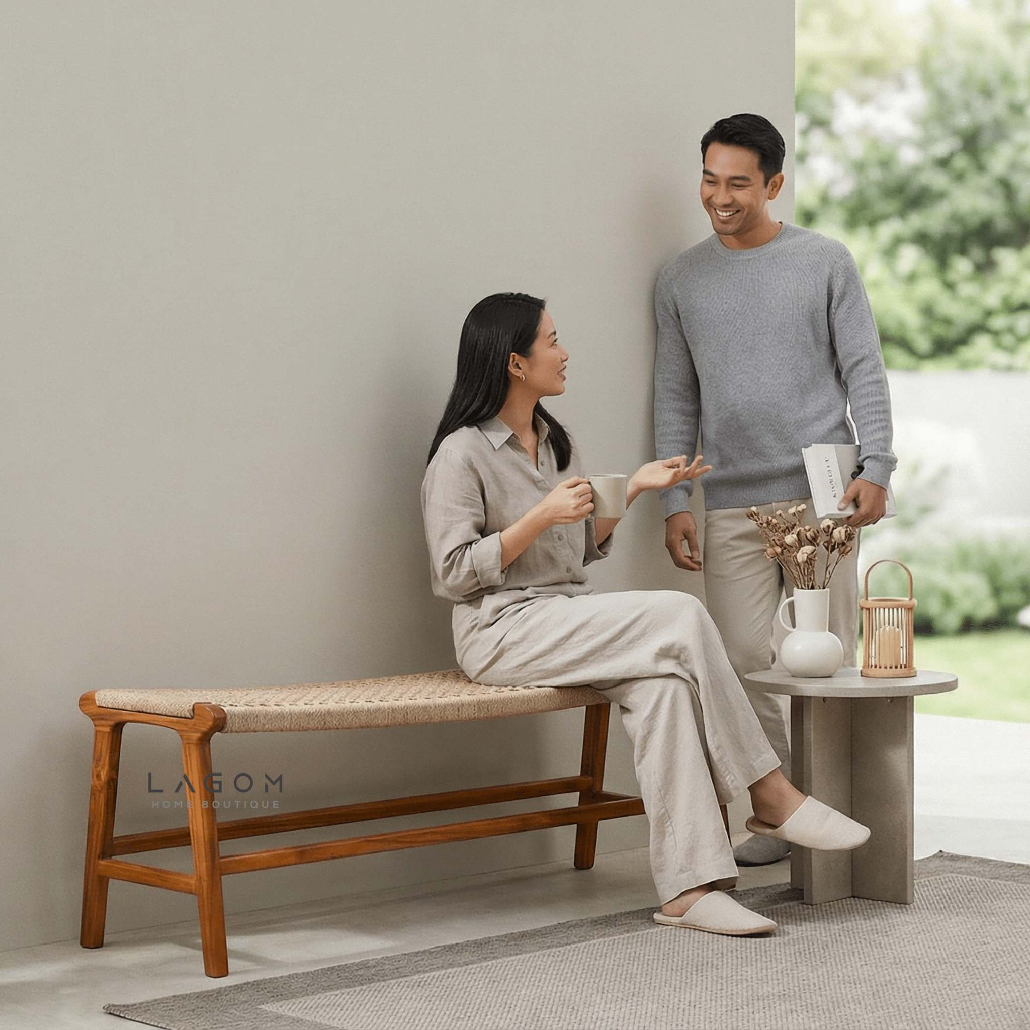 Premium Bench in Teak Wood & Loom - Bench - Lagom Home Boutique