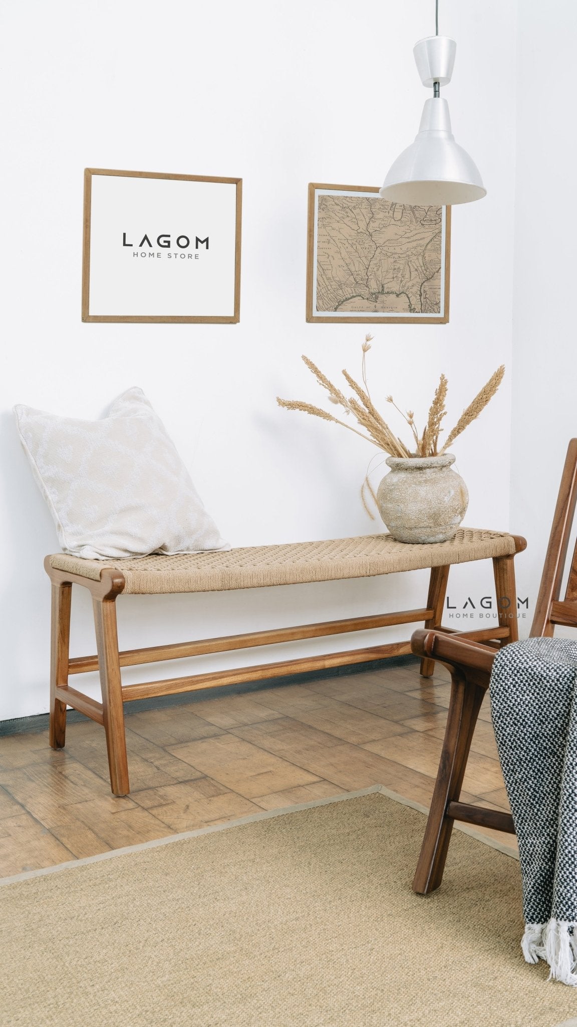Premium Bench in Teak Wood & Loom - Bench - Lagom Home Boutique