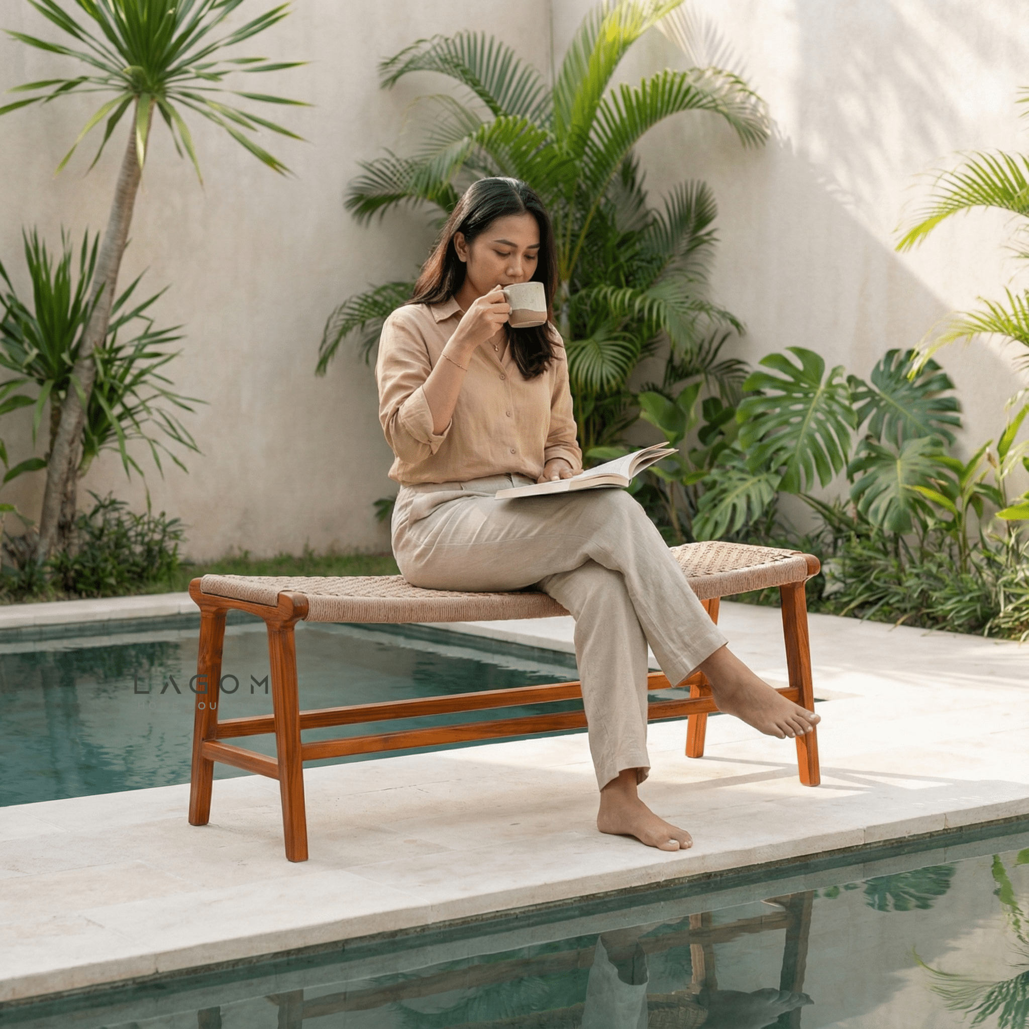 Premium Bench in Teak Wood & Loom - Bench - Lagom Home Boutique