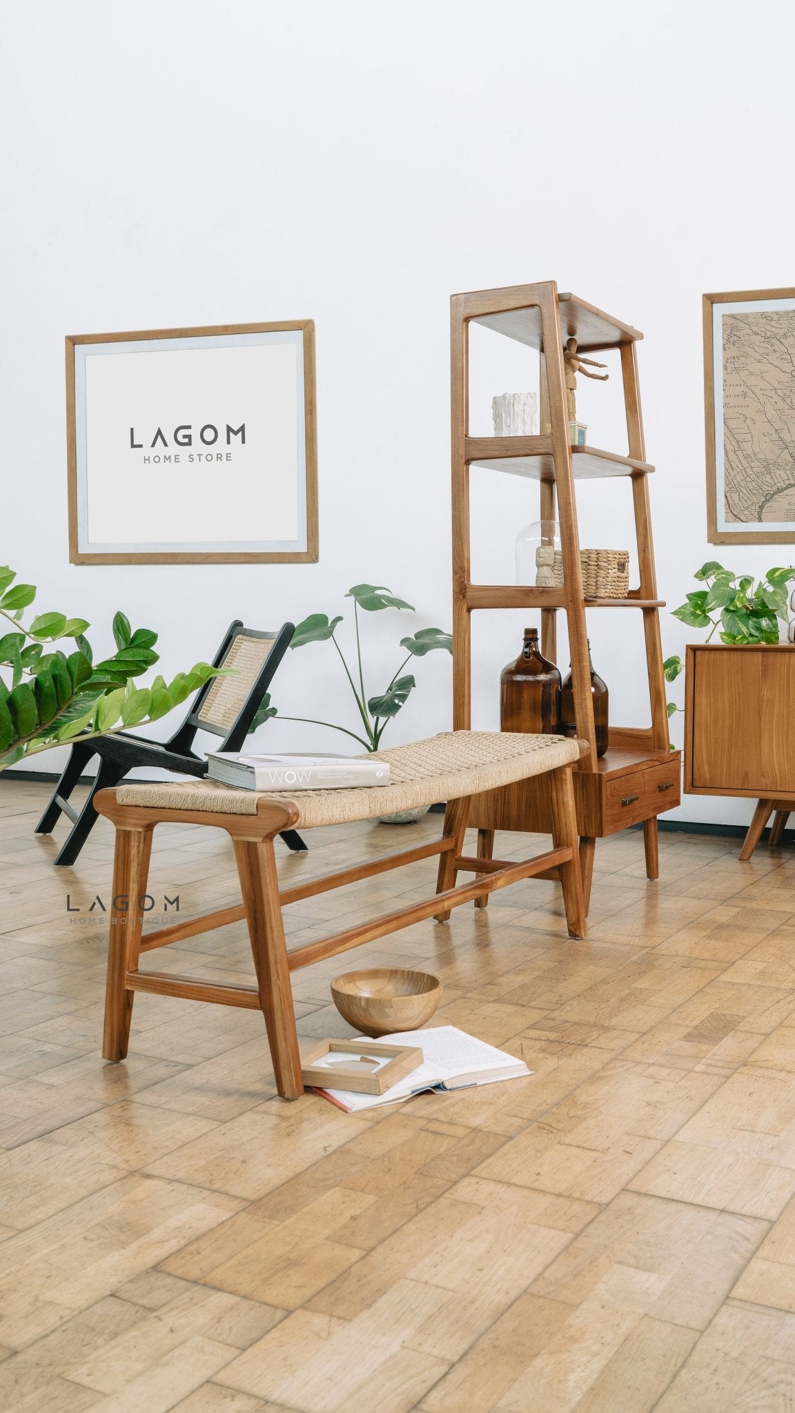 Premium Bench in Teak Wood & Loom - Bench - Lagom Home Boutique