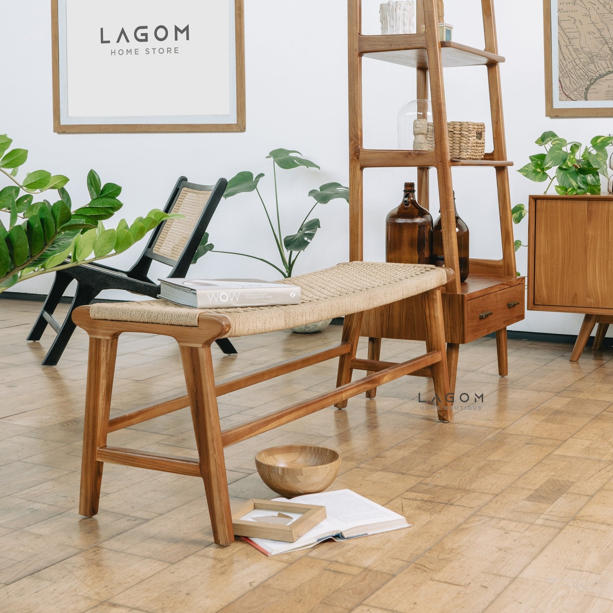 Premium Bench in Teak Wood & Loom - Bench - Lagom Home Boutique