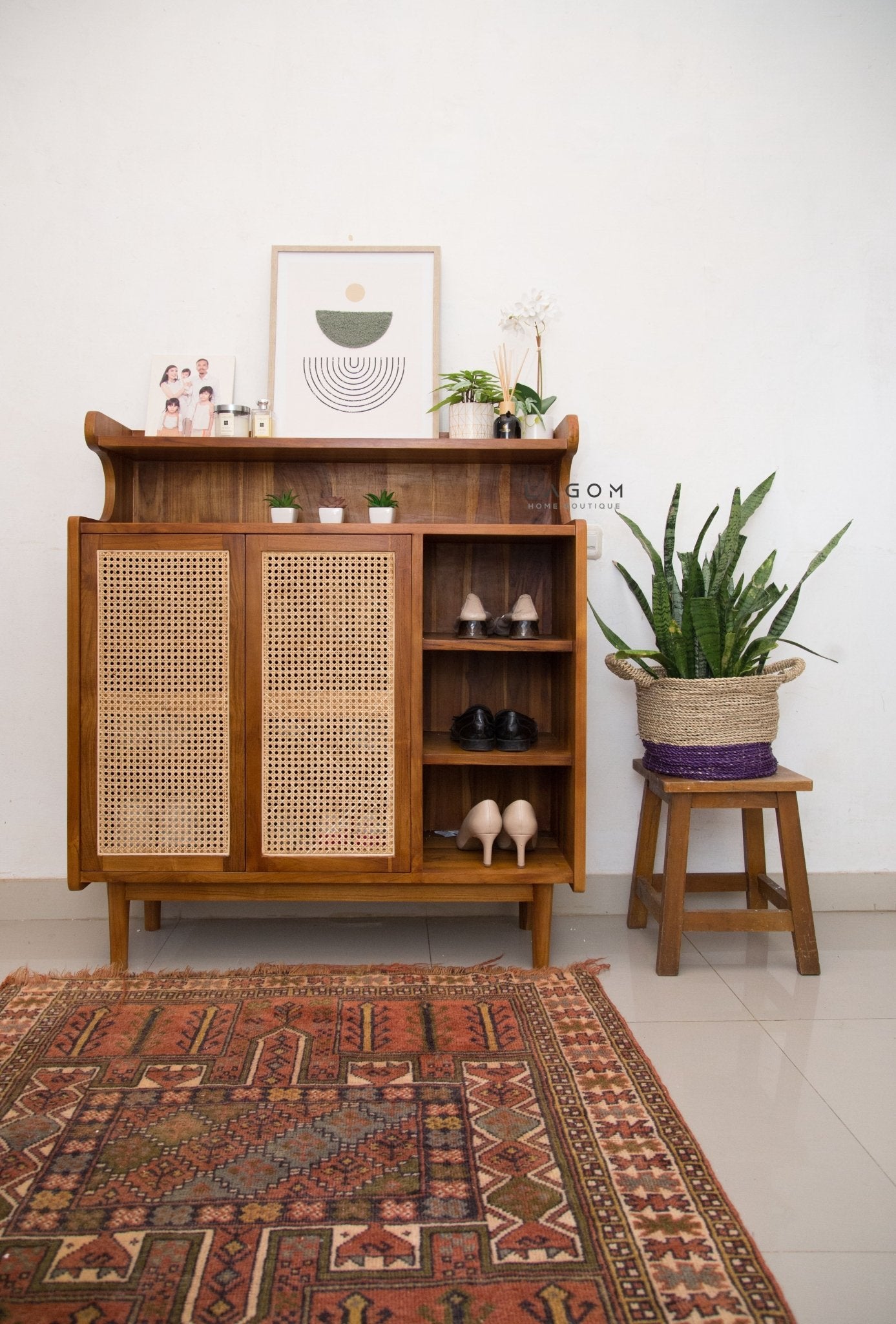 Premium Shoe Rack in Teak & Rattan - Shoe Rack - Lagom Home Boutique