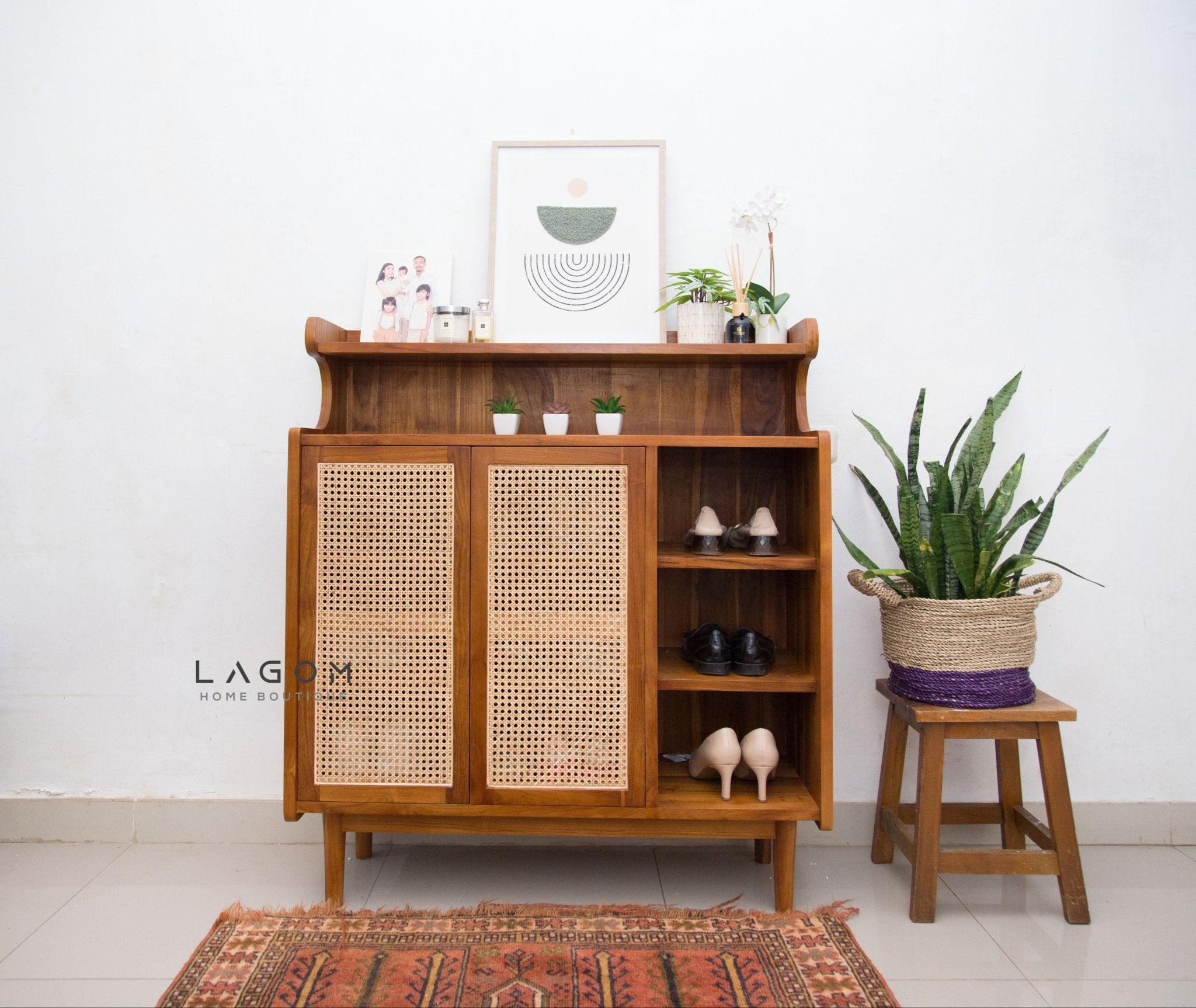 Premium Shoe Rack in Teak & Rattan - Shoe Rack - Lagom Home Boutique