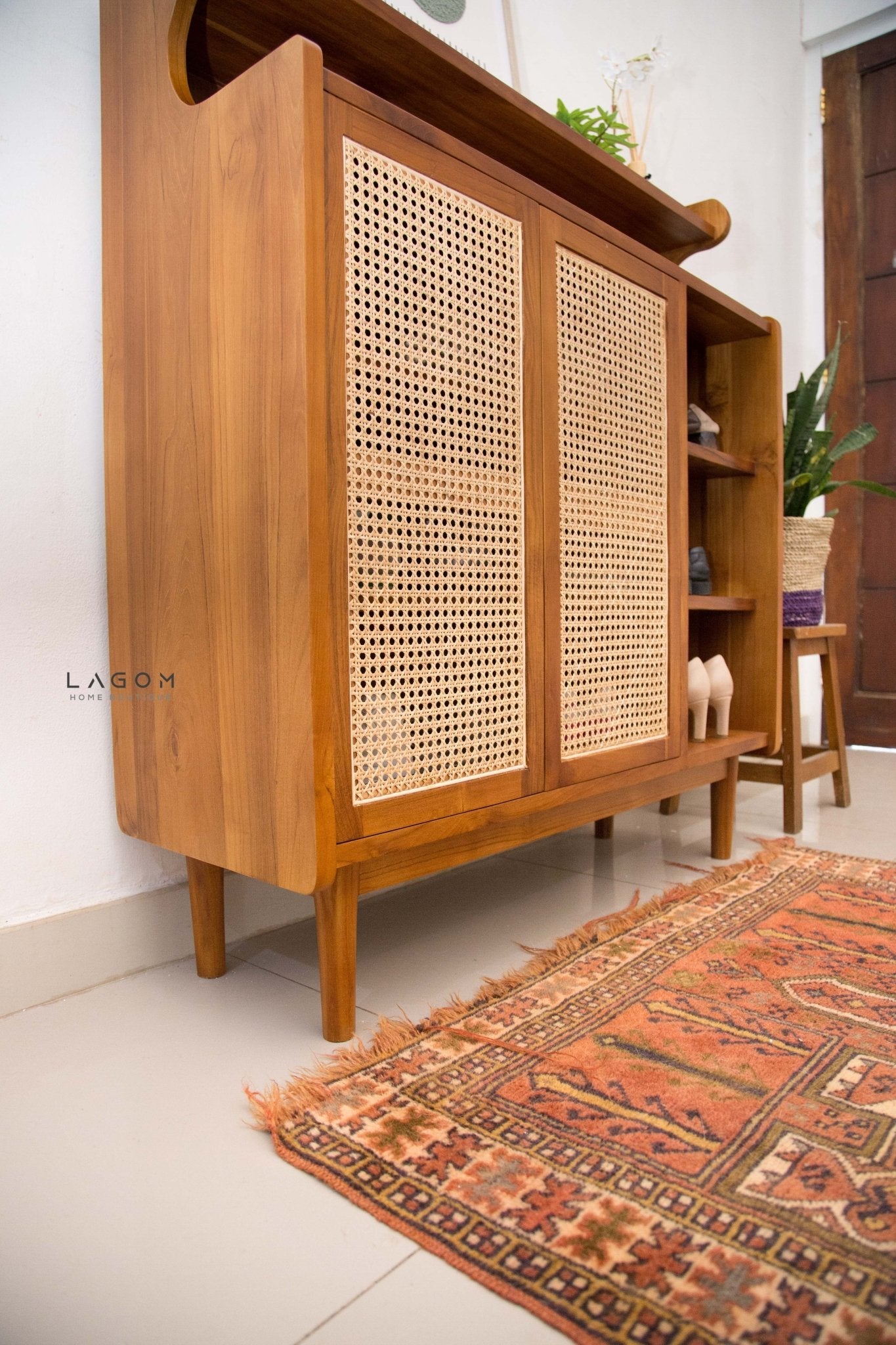 Premium Shoe Rack in Teak & Rattan - Shoe Rack - Lagom Home Boutique