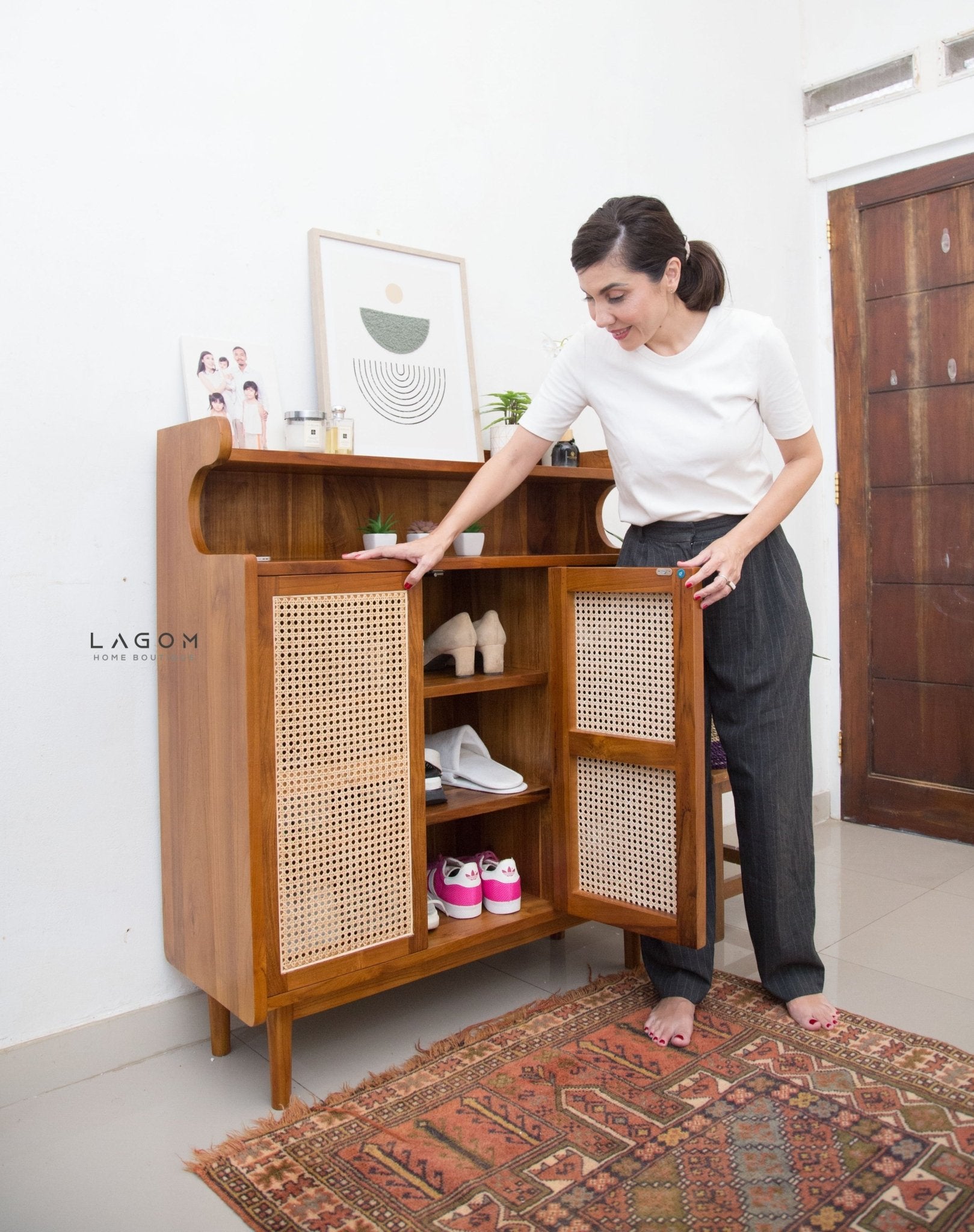 Premium Shoe Rack in Teak & Rattan - Shoe Rack - Lagom Home Boutique