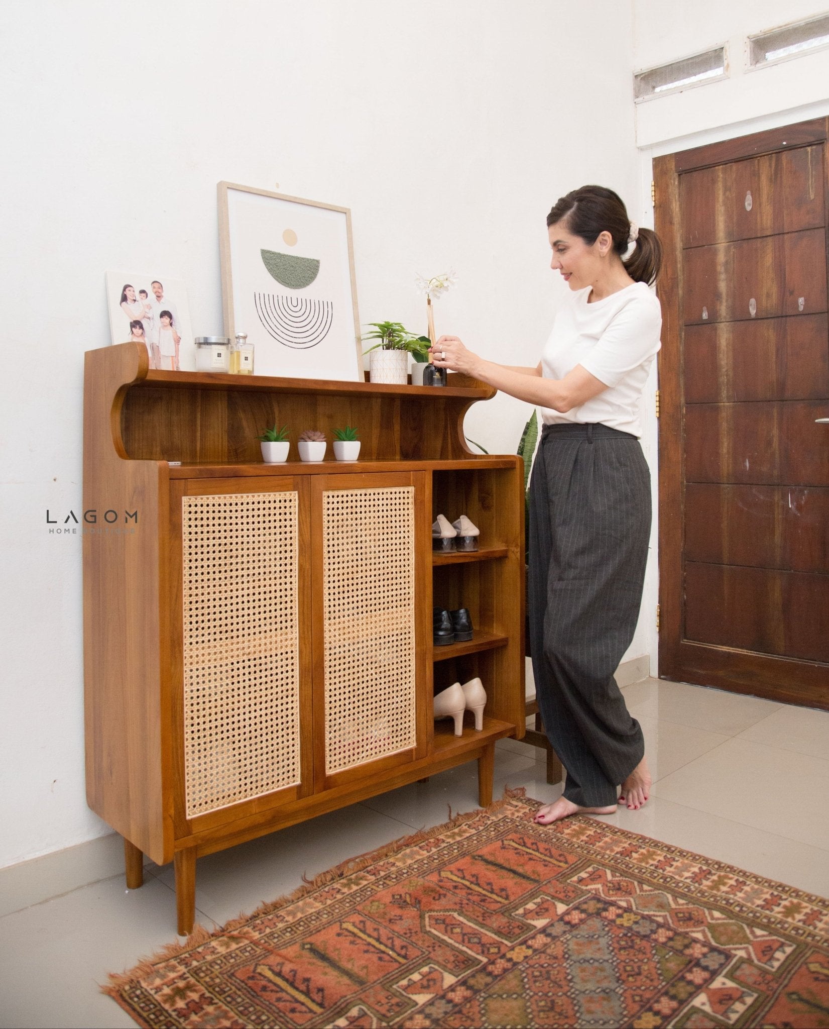 Premium Shoe Rack in Teak & Rattan - Shoe Rack - Lagom Home Boutique