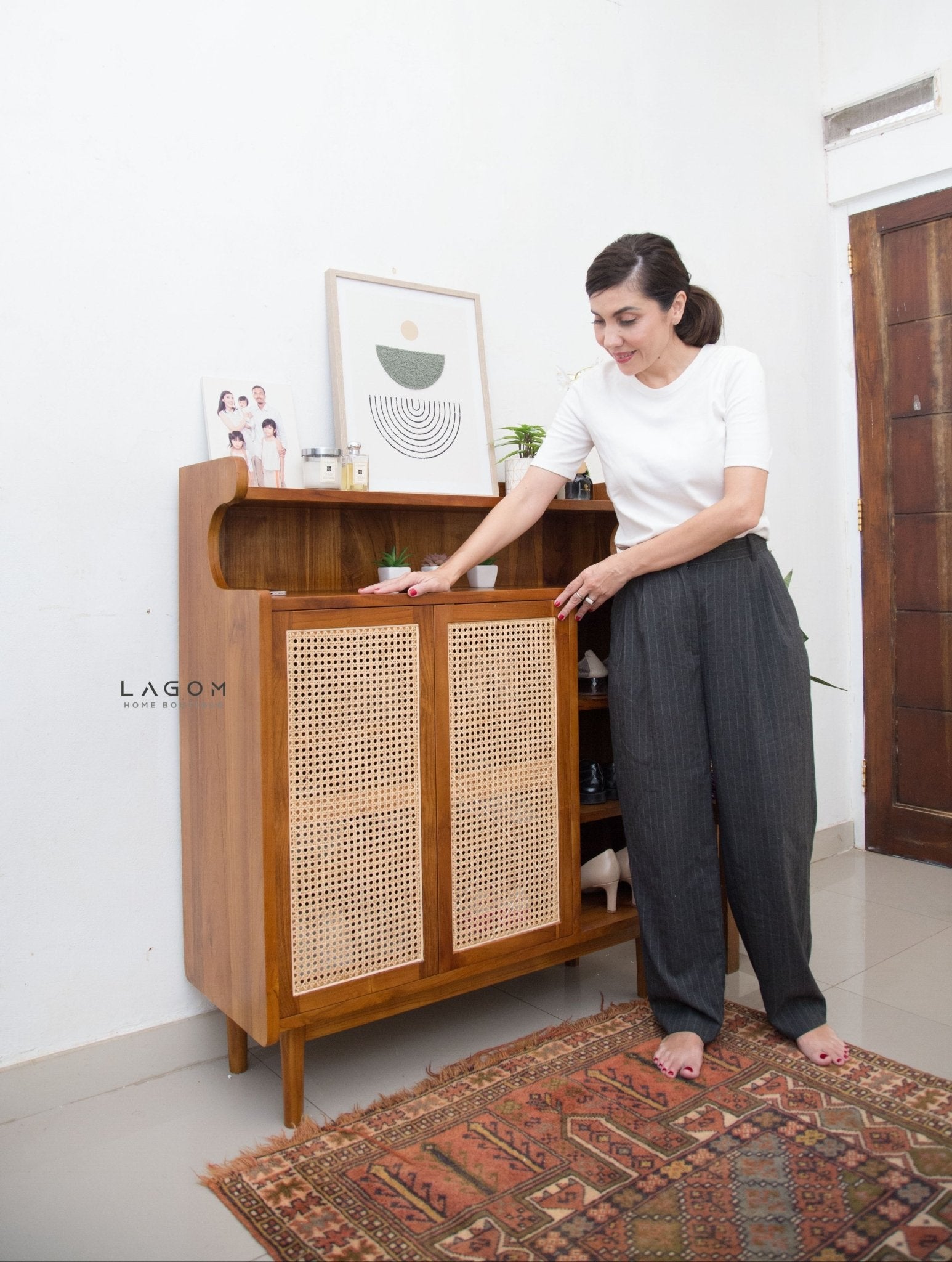 Premium Shoe Rack in Teak & Rattan - Shoe Rack - Lagom Home Boutique