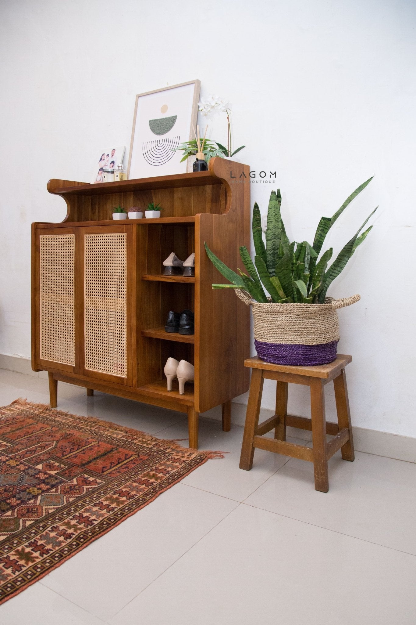 Premium Shoe Rack in Teak & Rattan - Shoe Rack - Lagom Home Boutique
