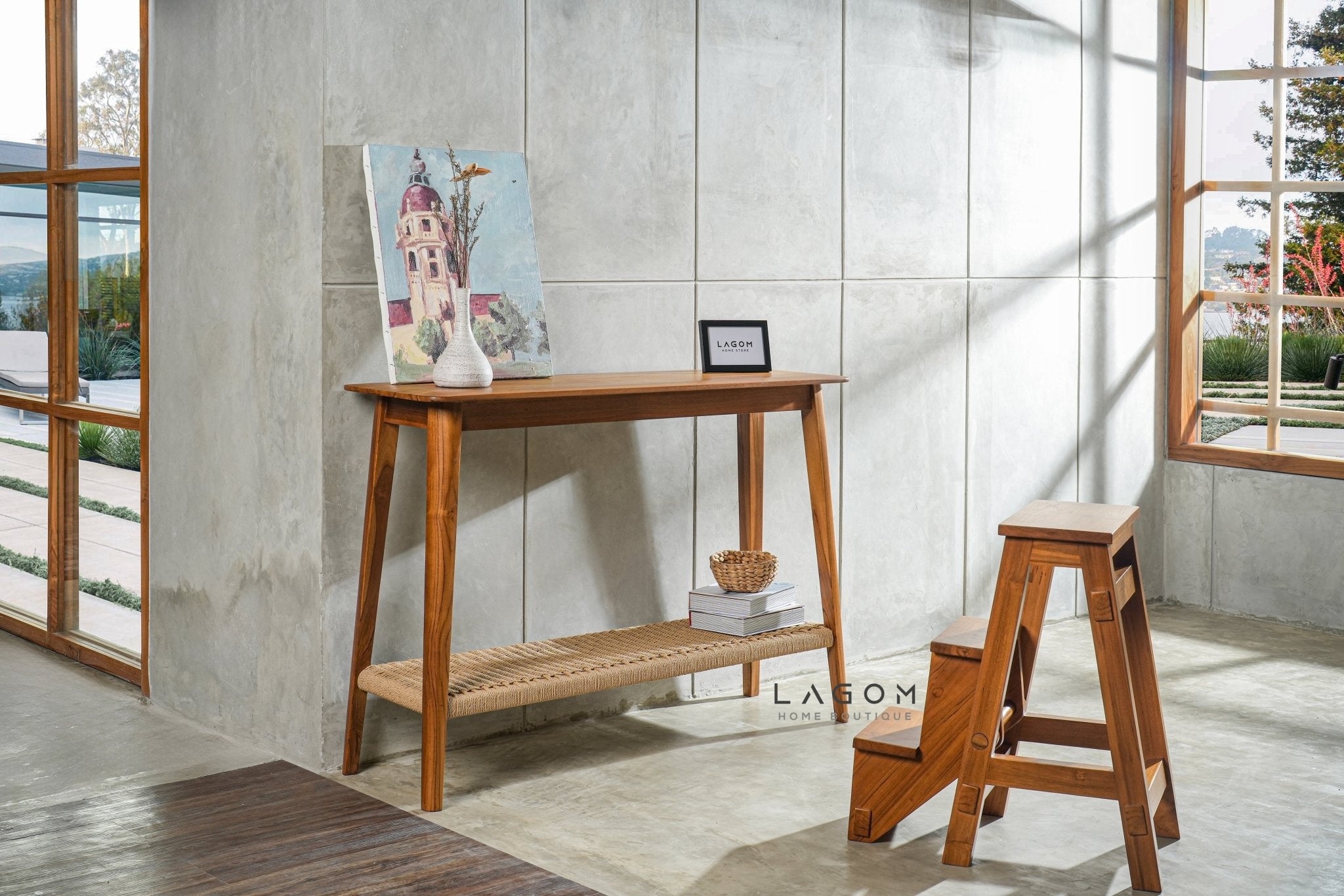Premium Teak Console Table with Handwoven Loom Shelf - Console Table - Lagom Home Boutique
