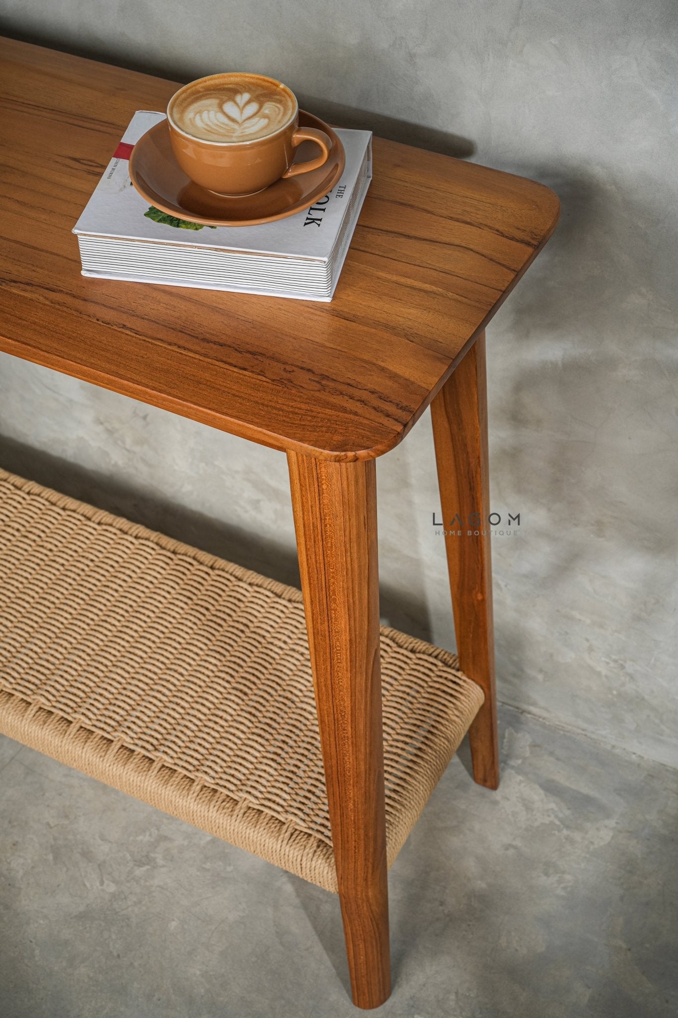 Premium Teak Console Table with Handwoven Loom Shelf - Console Table - Lagom Home Boutique