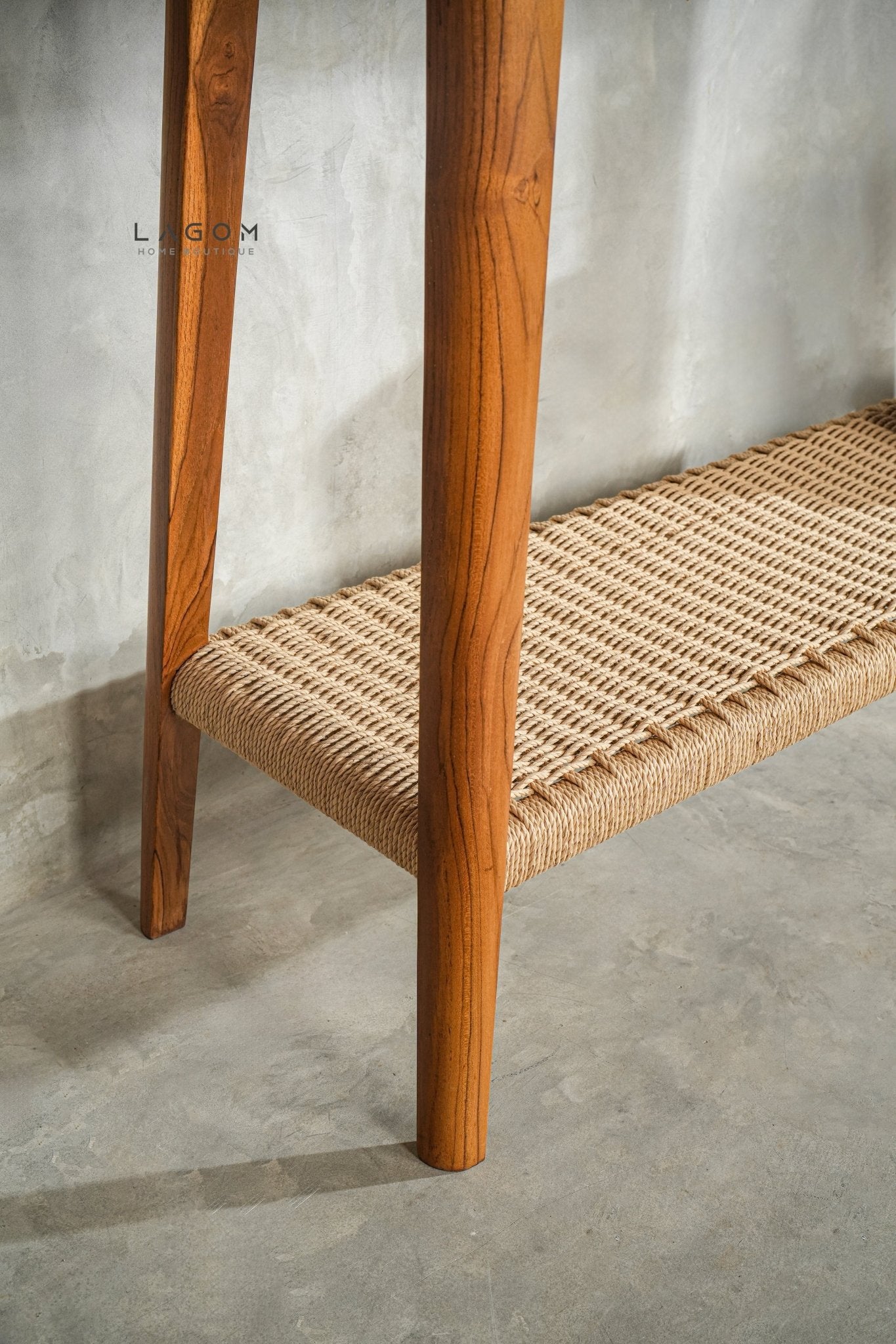 Premium Teak Console Table with Handwoven Loom Shelf - Console Table - Lagom Home Boutique