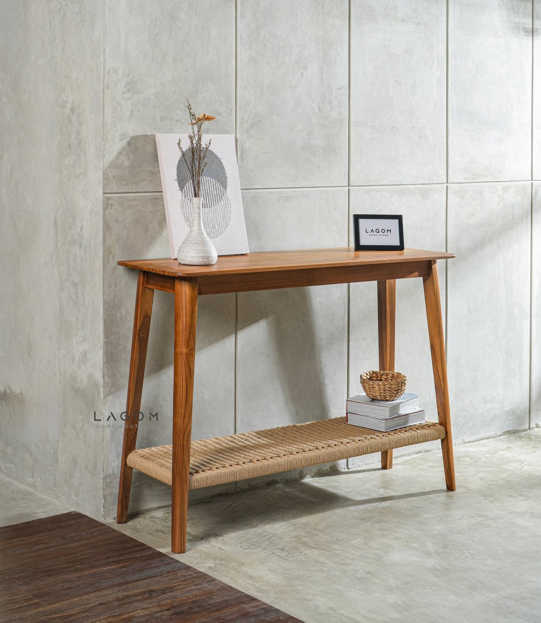 Premium Teak Console Table with Handwoven Loom Shelf - Console Table - Lagom Home Boutique