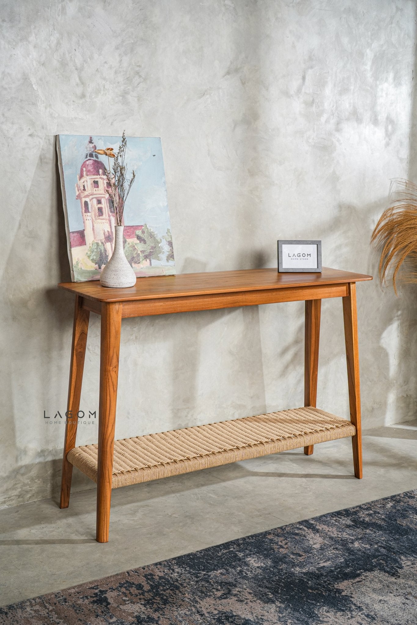 Premium Teak Console Table with Handwoven Loom Shelf - Console Table - Lagom Home Boutique