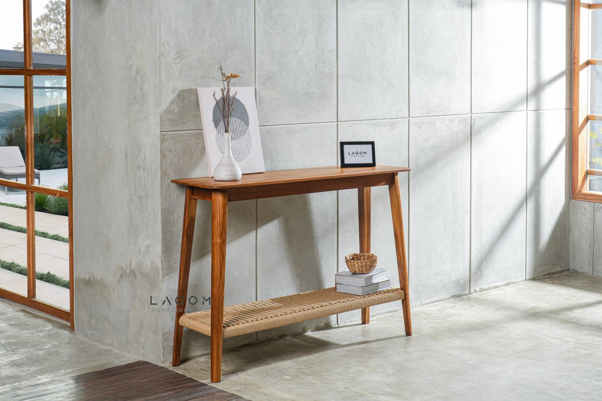 Premium Teak Console Table with Handwoven Loom Shelf - Console Table - Lagom Home Boutique