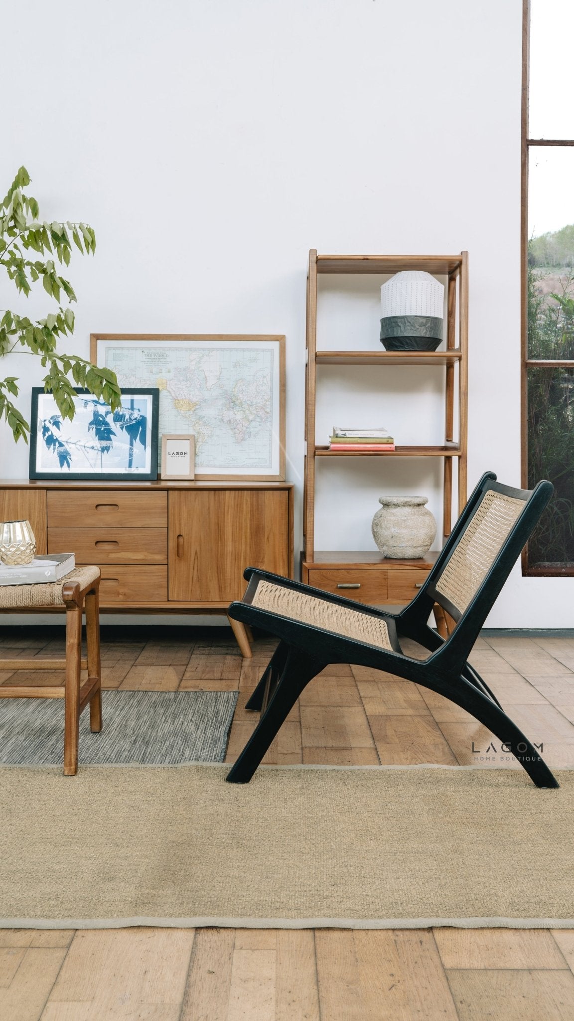 Sleek Black Lounge Chair in Teak and Rattan - Chair - Lagom Home Boutique