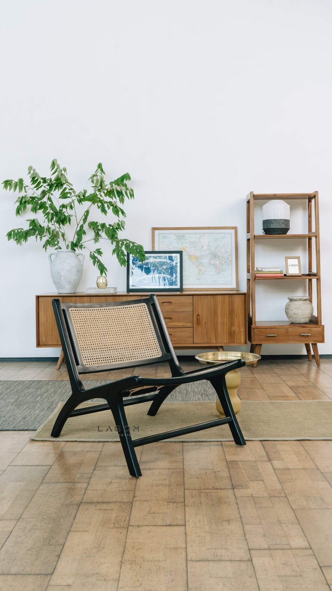 Sleek Black Lounge Chair in Teak and Rattan - Chair - Lagom Home Boutique