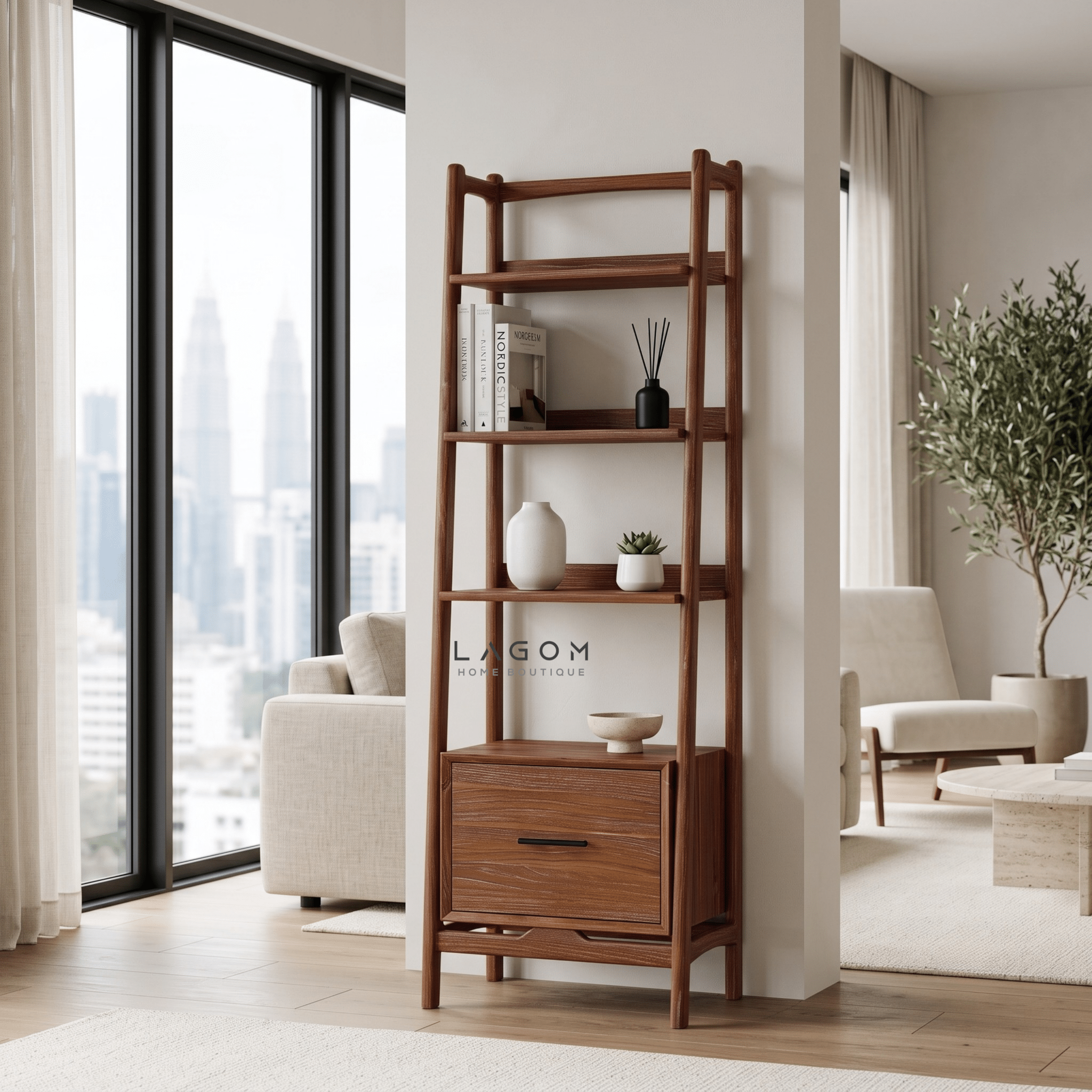 Solid Teak 3-Tier Bookshelf with Drawer-Bookshelves-Lagom Home Boutique