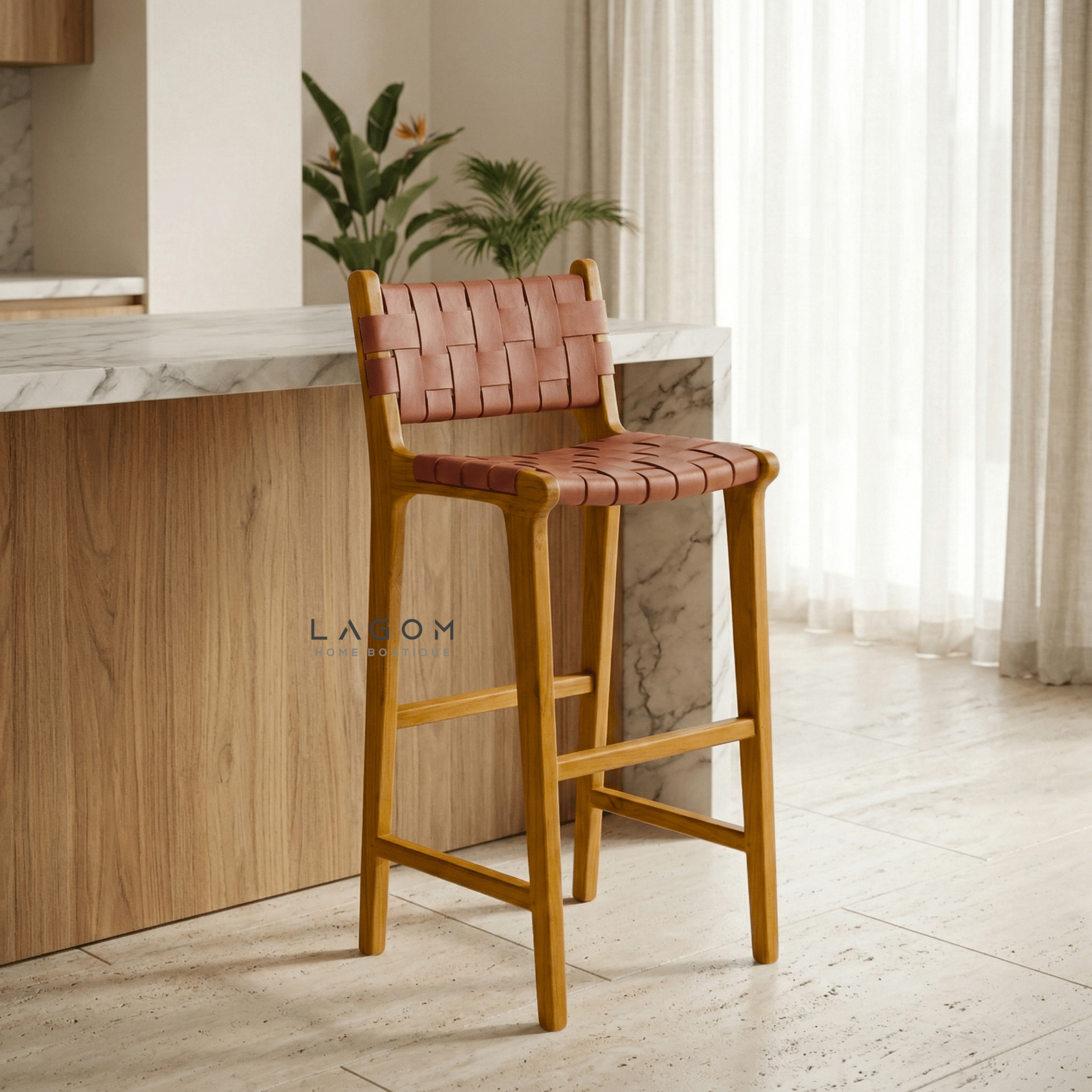 Solid Teak Bar Stool with Genuine Leather - Bar Stool - Lagom Home Boutique