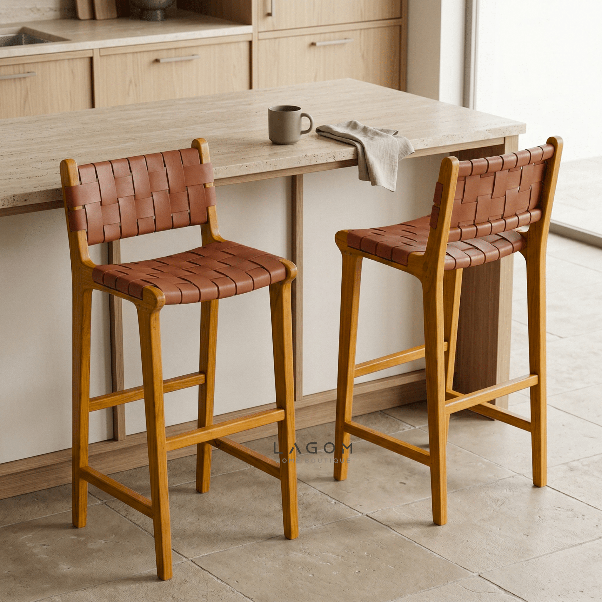 Solid Teak Bar Stool with Genuine Leather - Bar Stool - Lagom Home Boutique