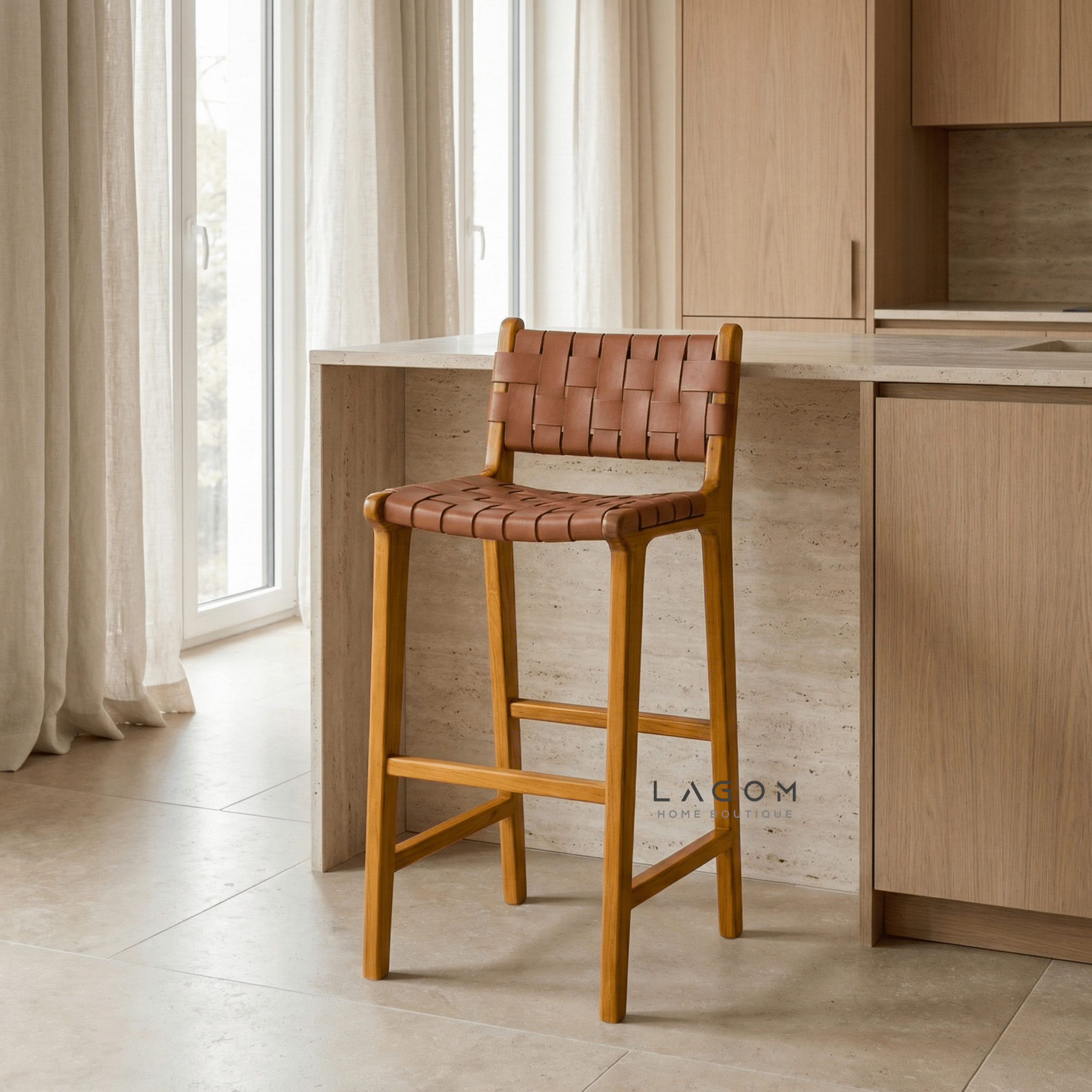 Solid Teak Bar Stool with Genuine Leather - Bar Stool - Lagom Home Boutique