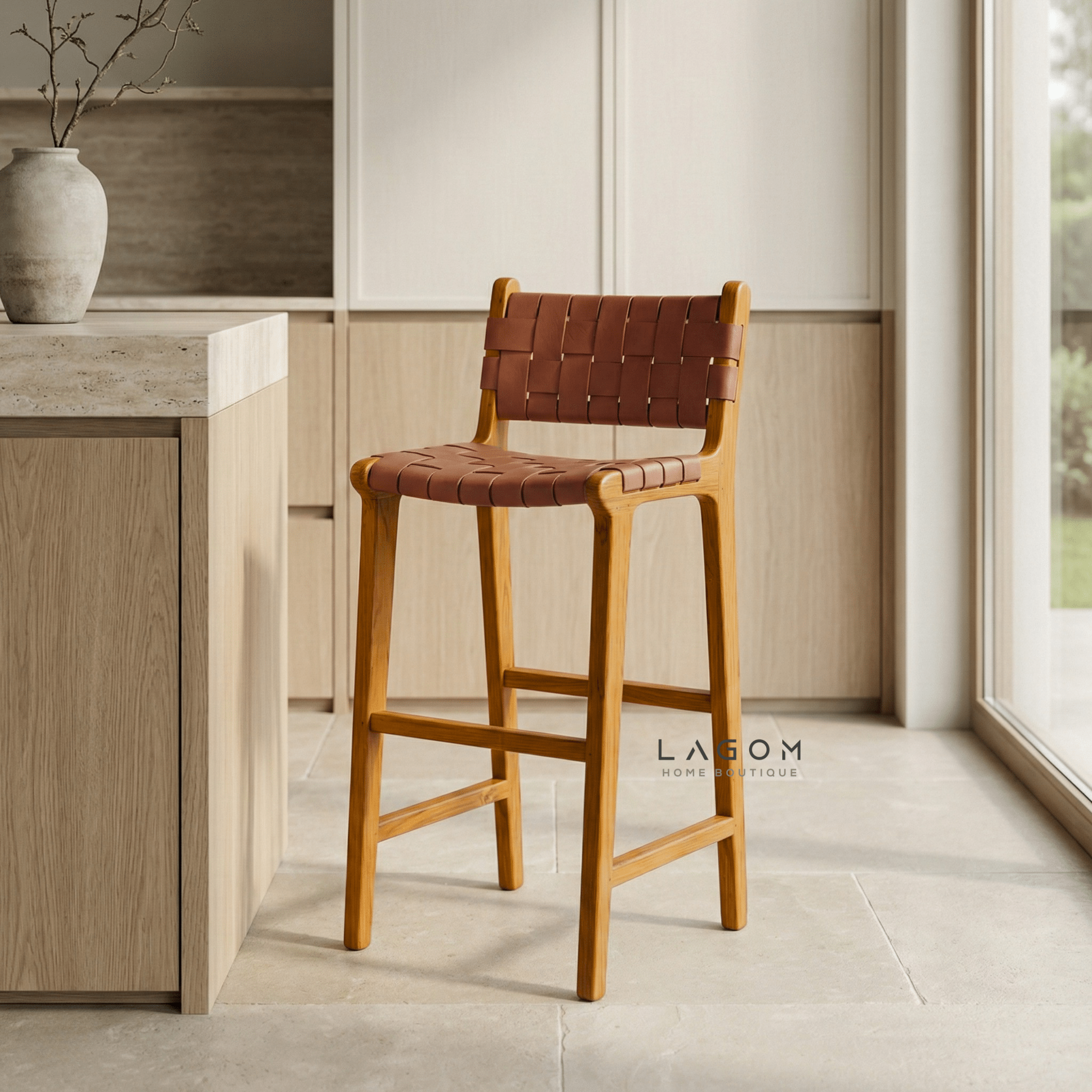 Solid Teak Bar Stool with Genuine Leather - Bar Stool - Lagom Home Boutique