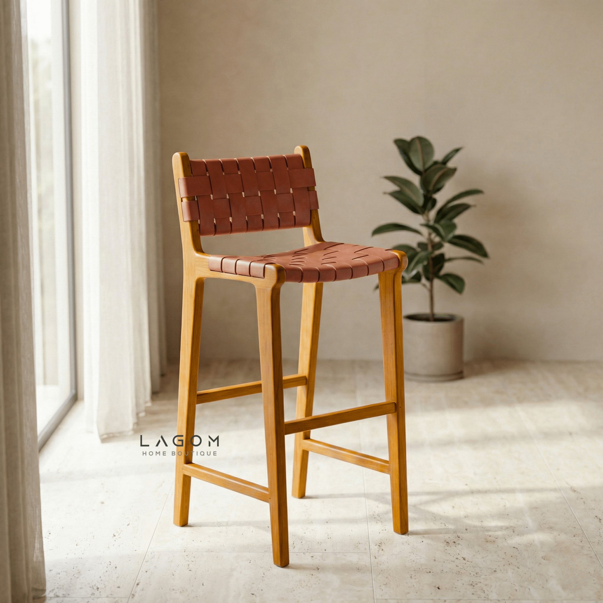 Solid Teak Bar Stool with Genuine Leather - Bar Stool - Lagom Home Boutique