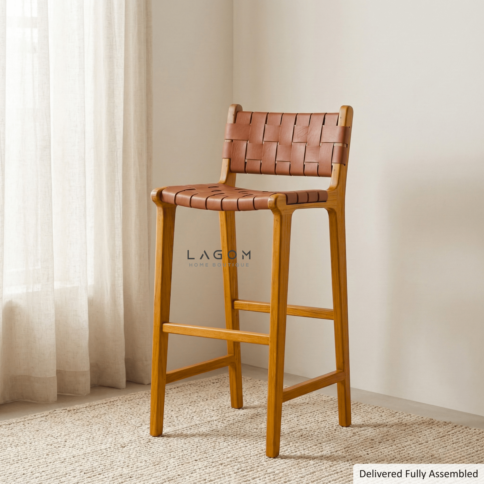 Solid Teak Bar Stool with Genuine Leather - Bar Stool - Lagom Home Boutique
