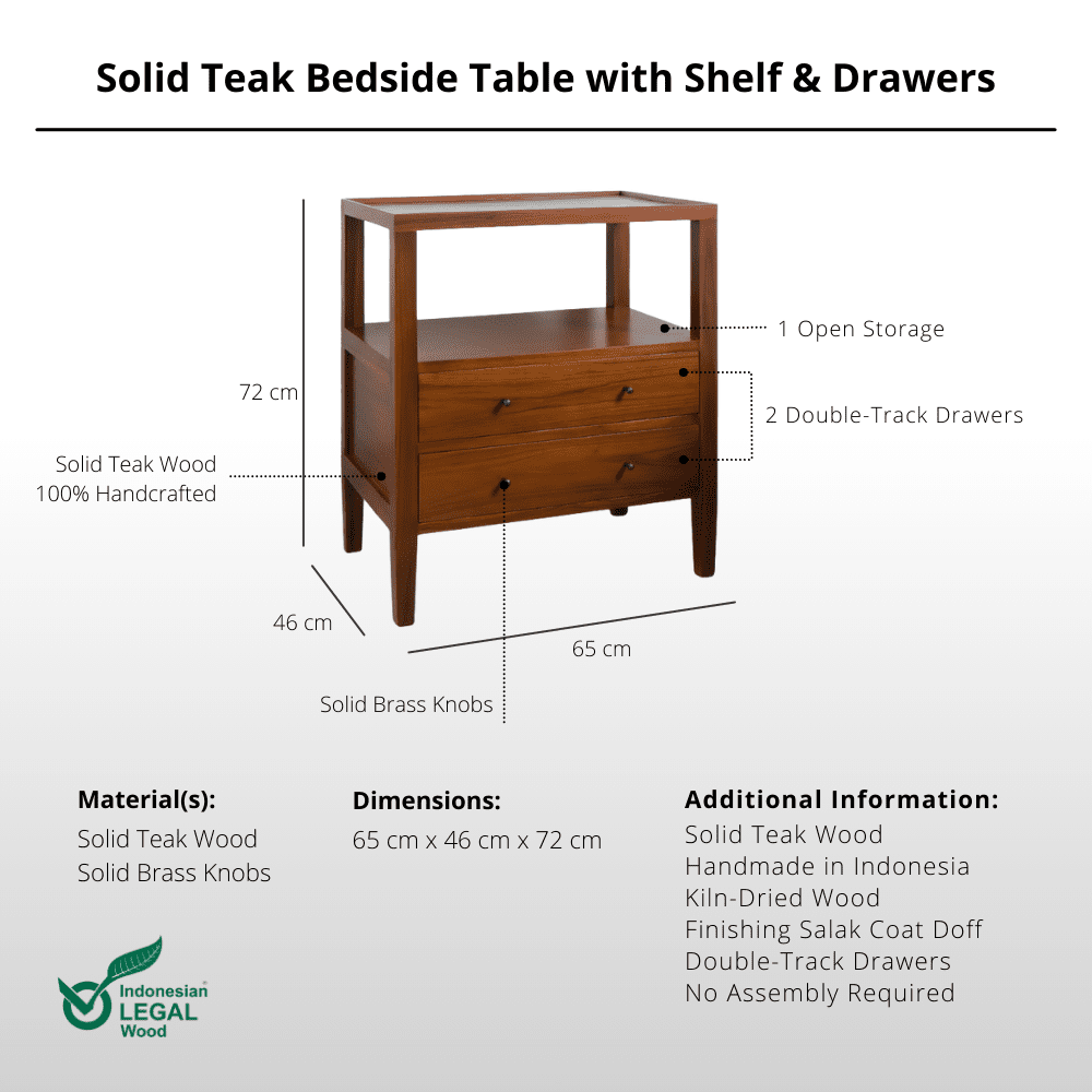 Solid Teak Bedside Table with Shelf & Drawers - Side Table - Lagom Home Boutique