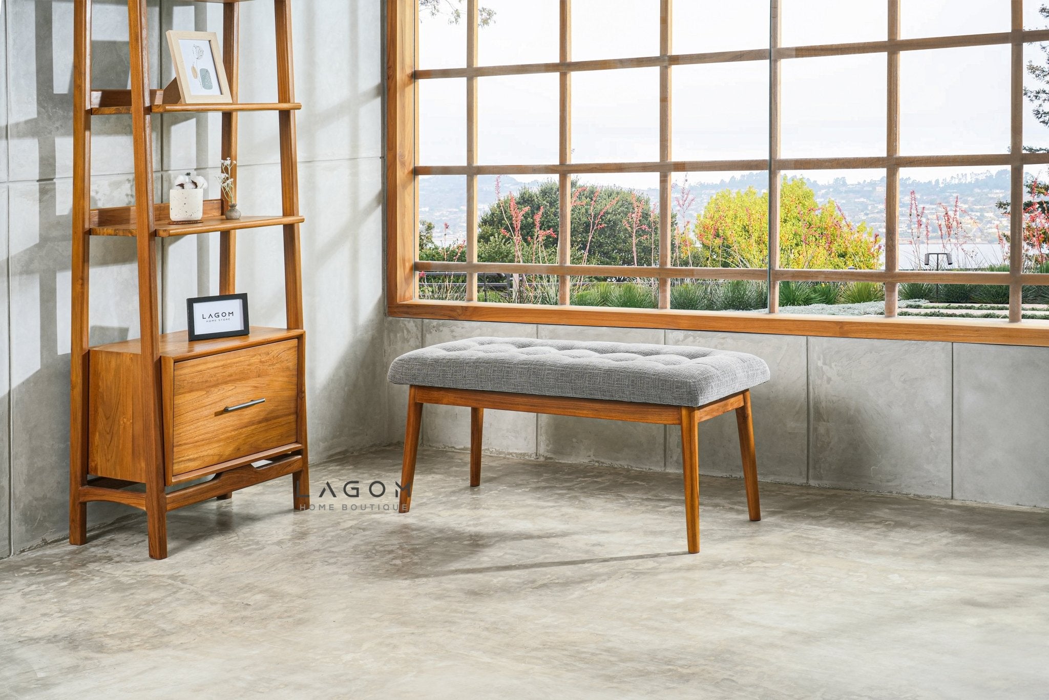 Solid Teak Bench with Button Accent Cushion - Bench - Lagom Home Boutique